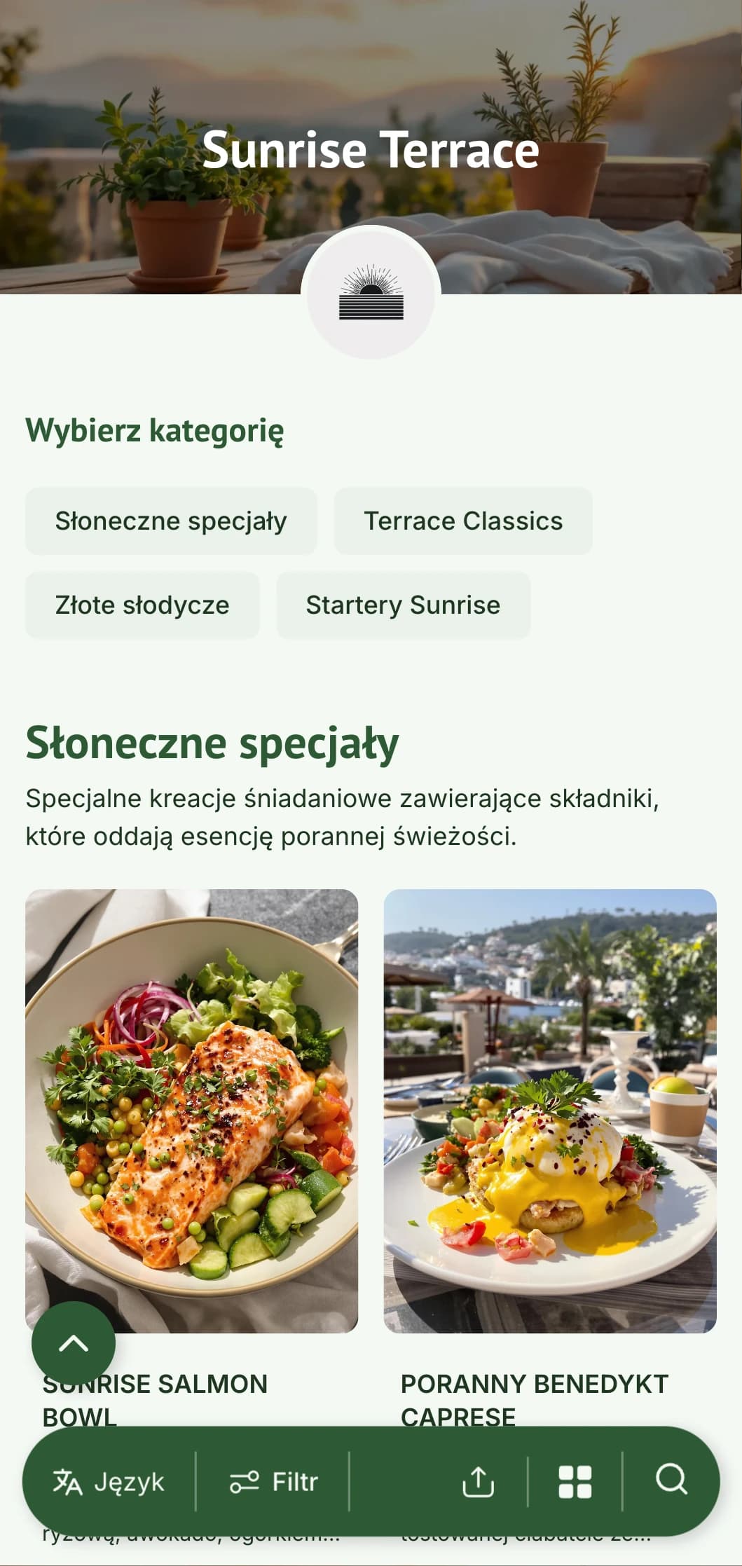 Jasne, orzeźwiające menu śniadaniowe zaprojektowane z myślą o porannych posiłkach na świeżym powietrzu z wykorzystaniem świeżych, sezonowych składników.