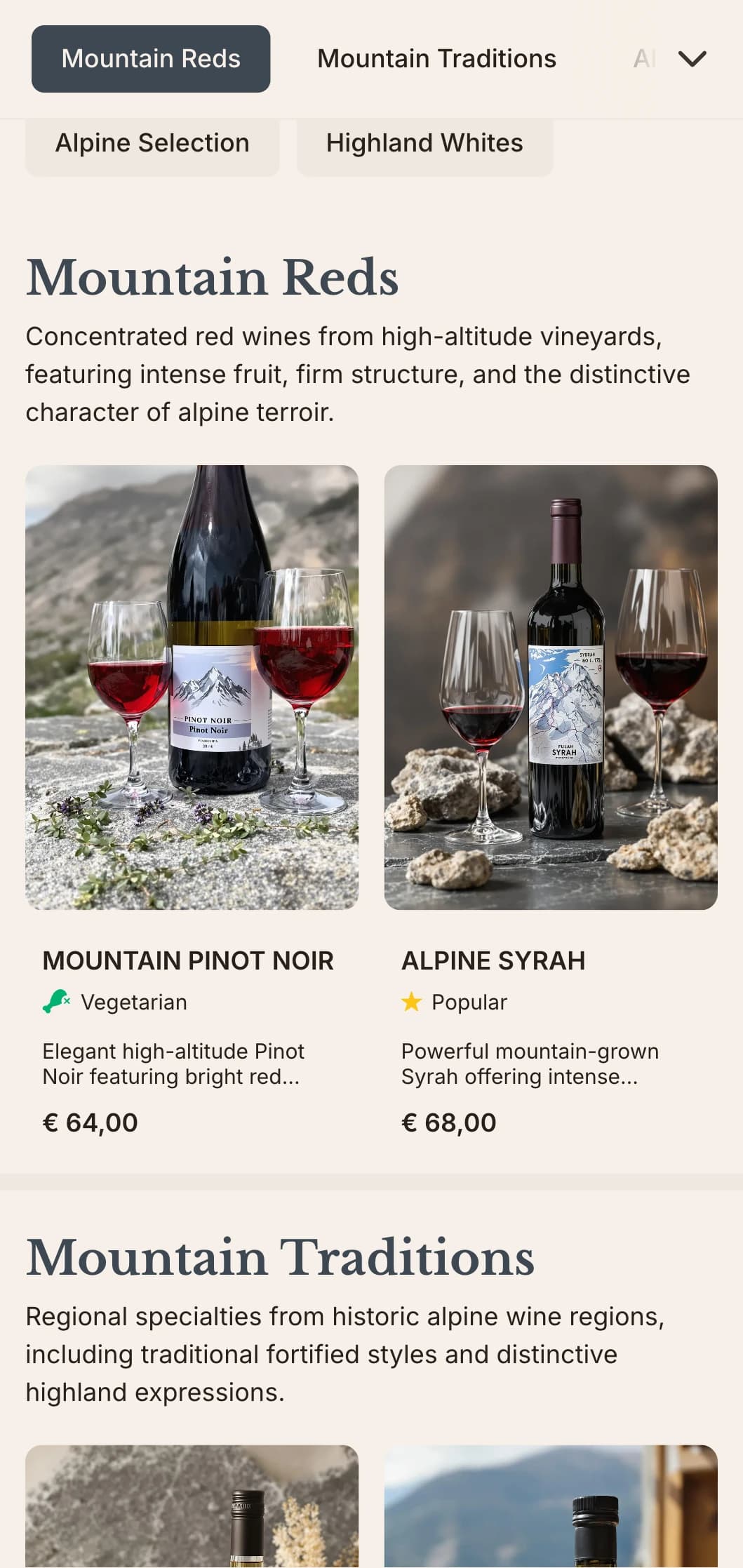 Mountain-inspired wine list template with slate accents and alpine aesthetics, perfect for highland restaurants and cold-climate wineries.