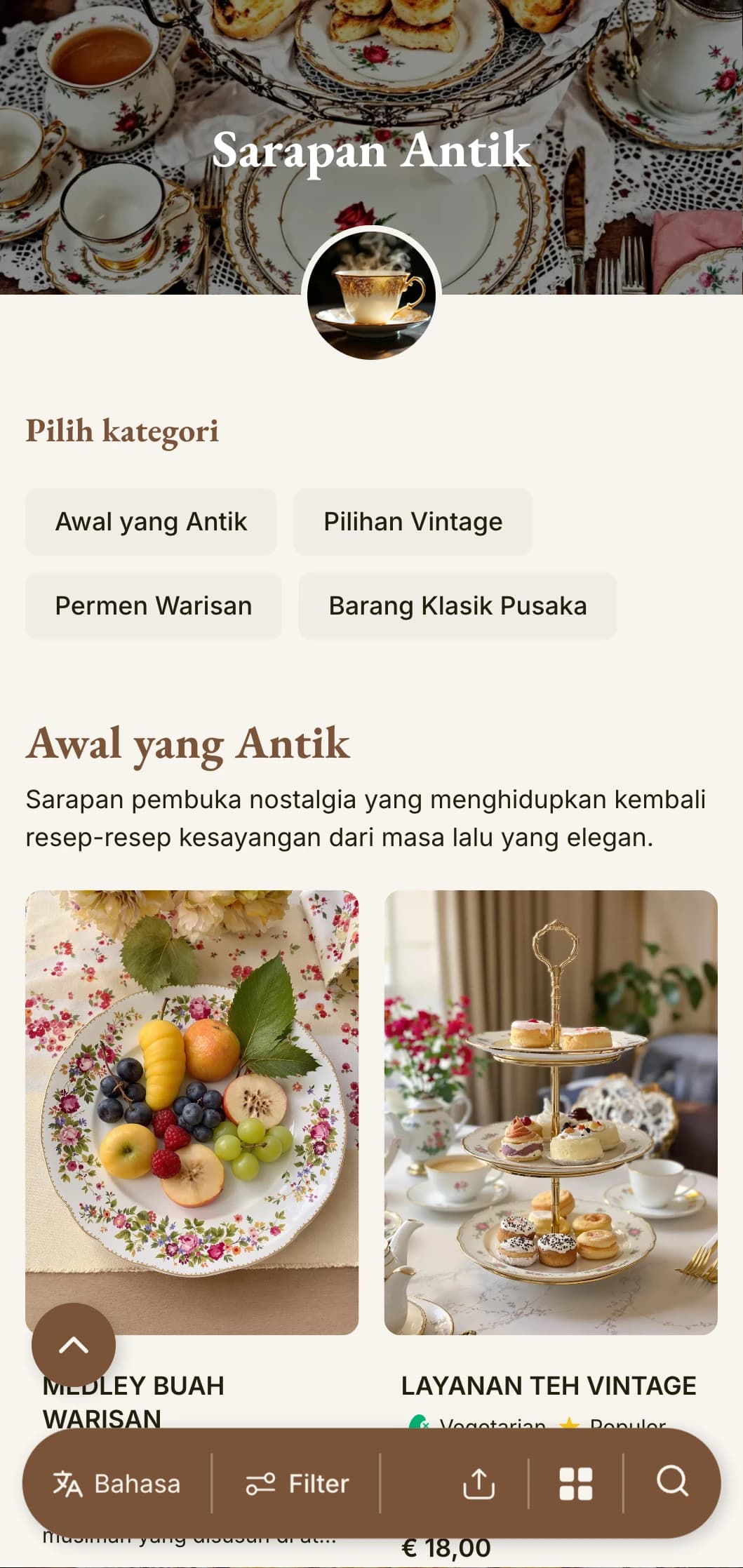 Pilihan pagi nostalgia yang terinspirasi dari resep warisan, disajikan dengan pesona vintage dan keanggunan klasik.
