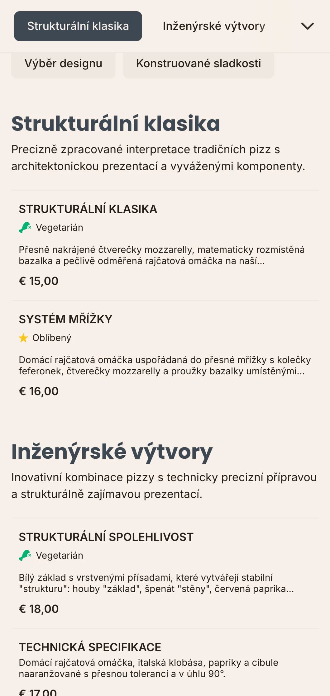 Architektonicky inspirované menu pizzy s precizním rozvržením a technickou estetikou.