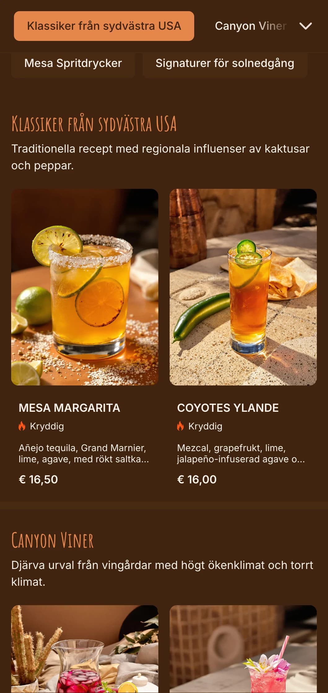 Glödande orange och gulddesign inspirerad av solnedgångar i öknen för sydvästliga barer.