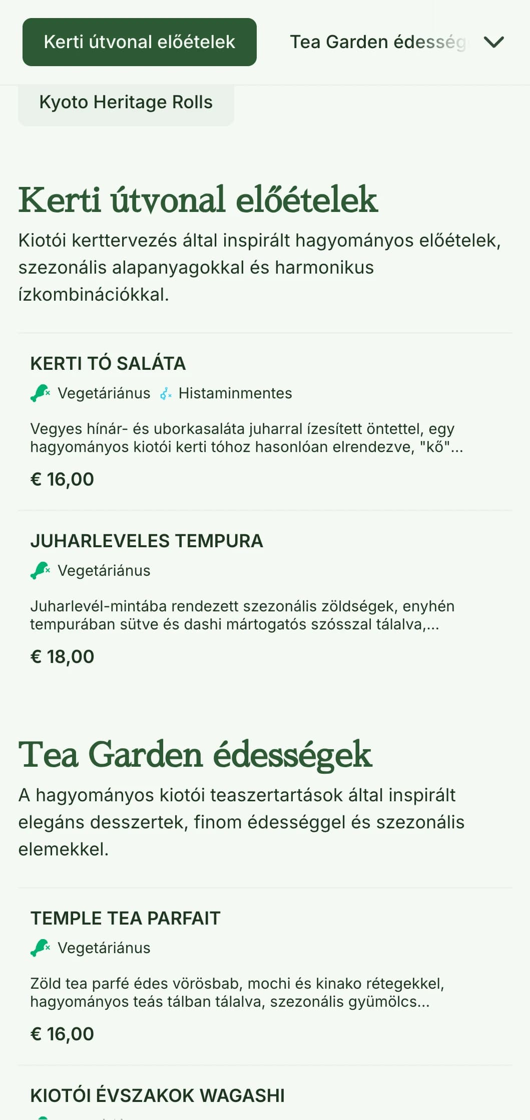 Hagyományos japán kert ihlette sushi menü, nyugodt zöld tónusokkal és klasszikus elemekkel.