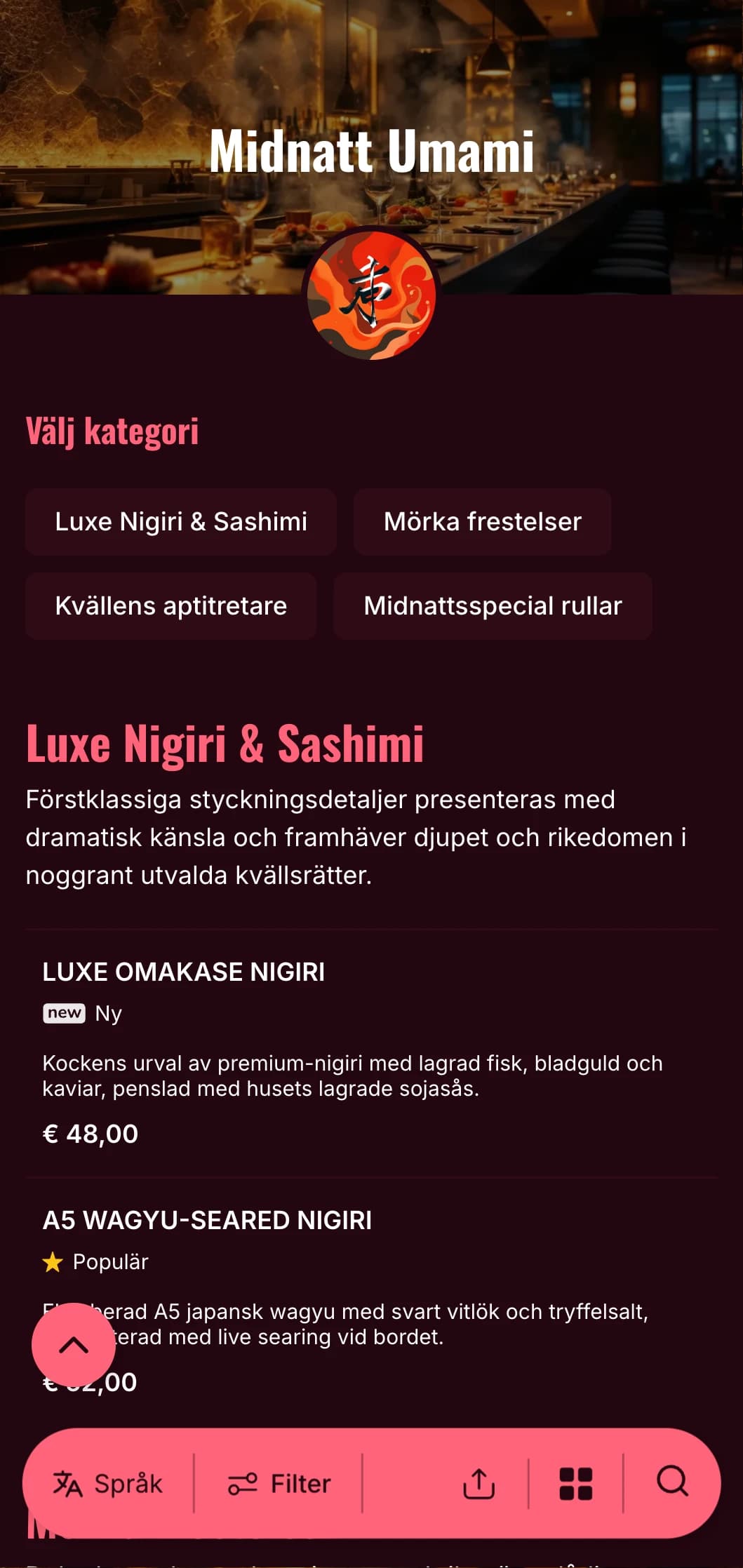 Lyxig sushi-upplevelse sent på kvällen med djärva kontraster, med rik vinröd färg och ljusa accenter mot en djup bakgrund.