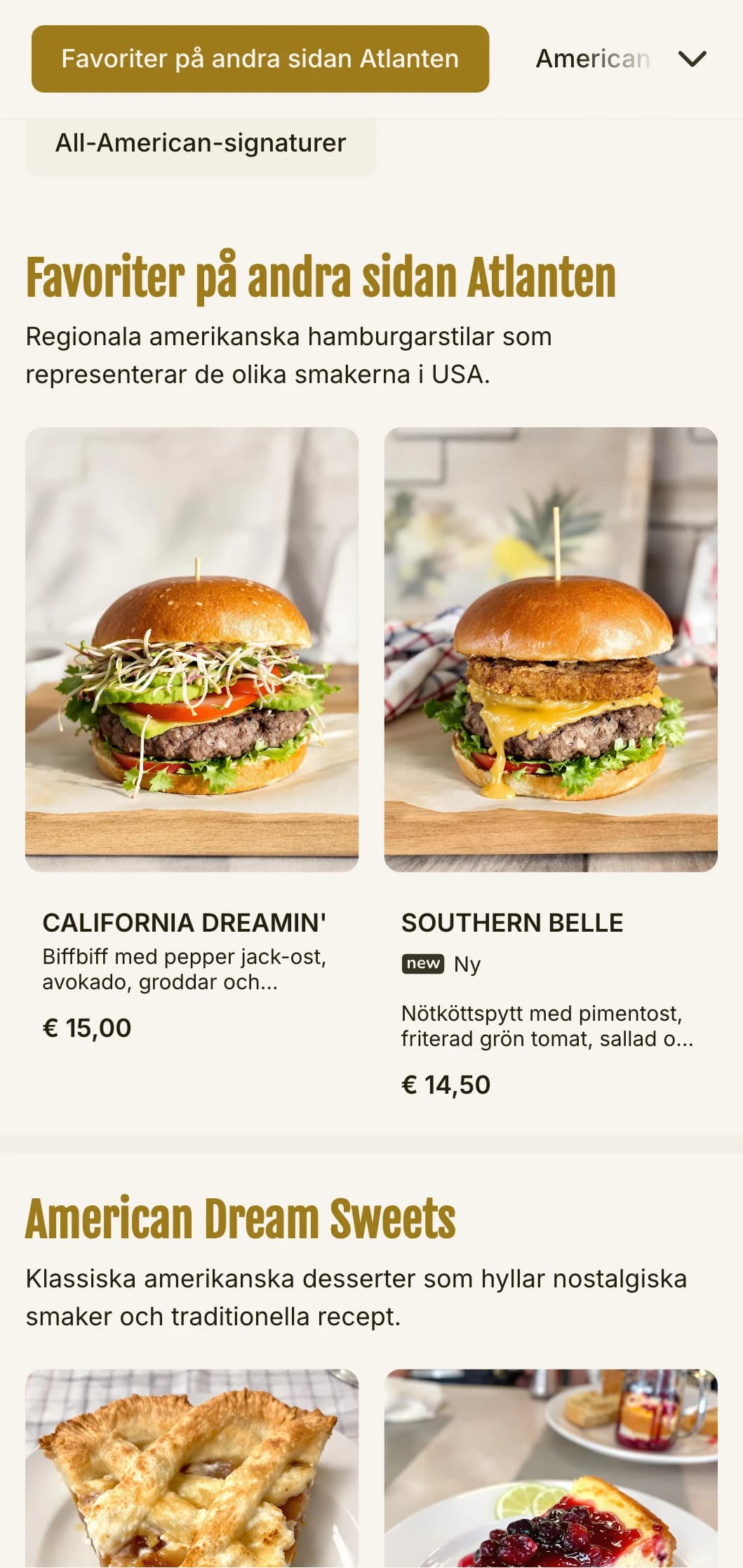 Klassisk amerikansk hamburgerrestaurang med röda, vita och blå accenter och nostalgiska diner-element.