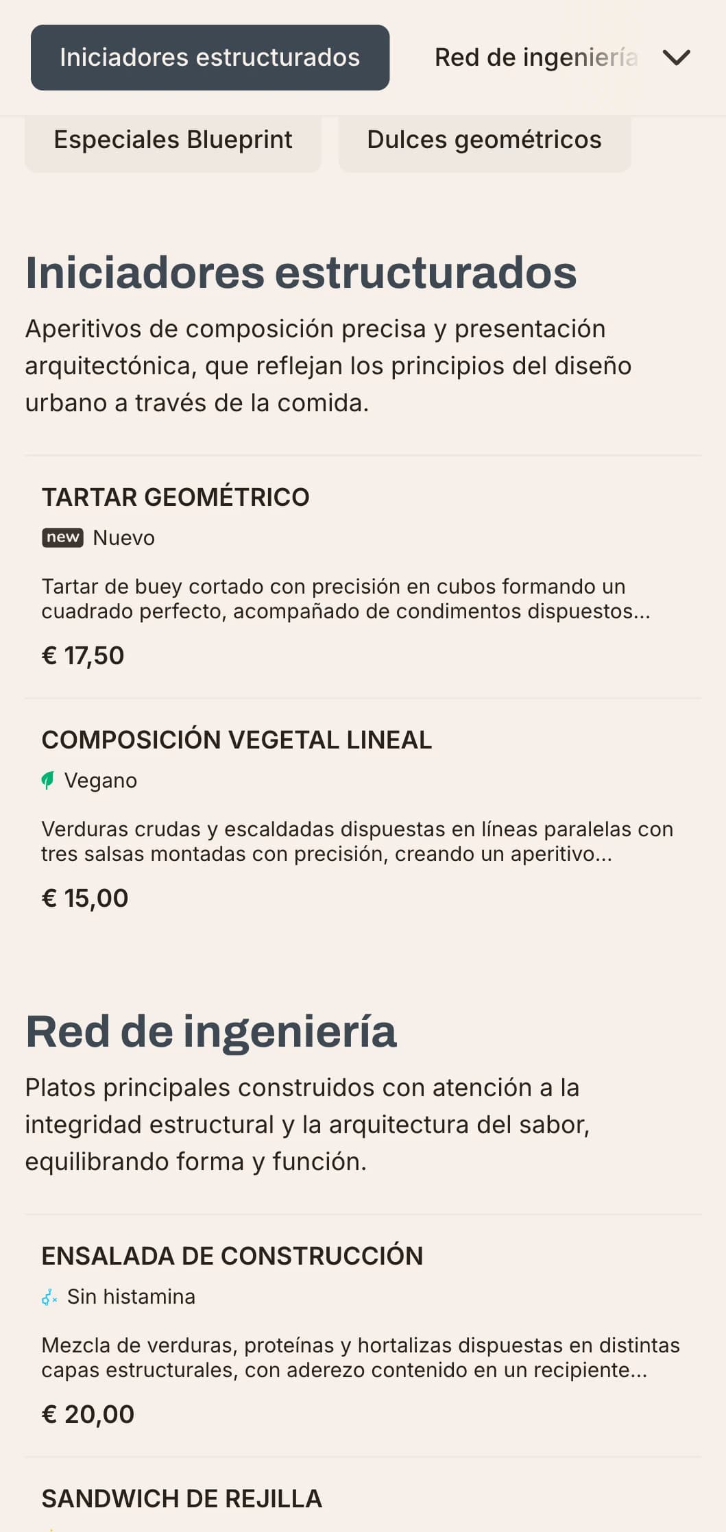 Diseño de menú de almuerzo audaz y arquitectónico, con líneas marcadas y elementos urbanos, ideal para restaurantes contemporáneos en distritos de negocios y urbanizaciones modernas.