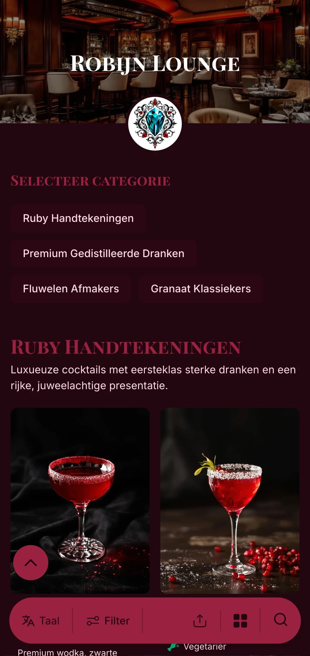 Een luxueus, juweelachtig ontwerp voor luxe cocktailbars en lounges met rijke robijnrode accenten en elegante typografie.