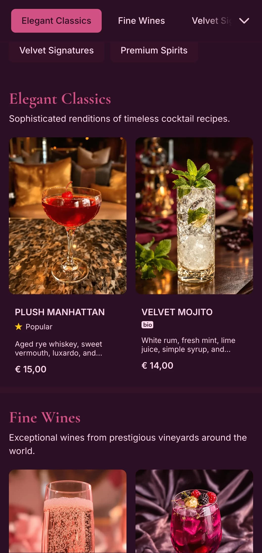 Rich burgundy design with plush textures for sophisticated cocktail lounges.