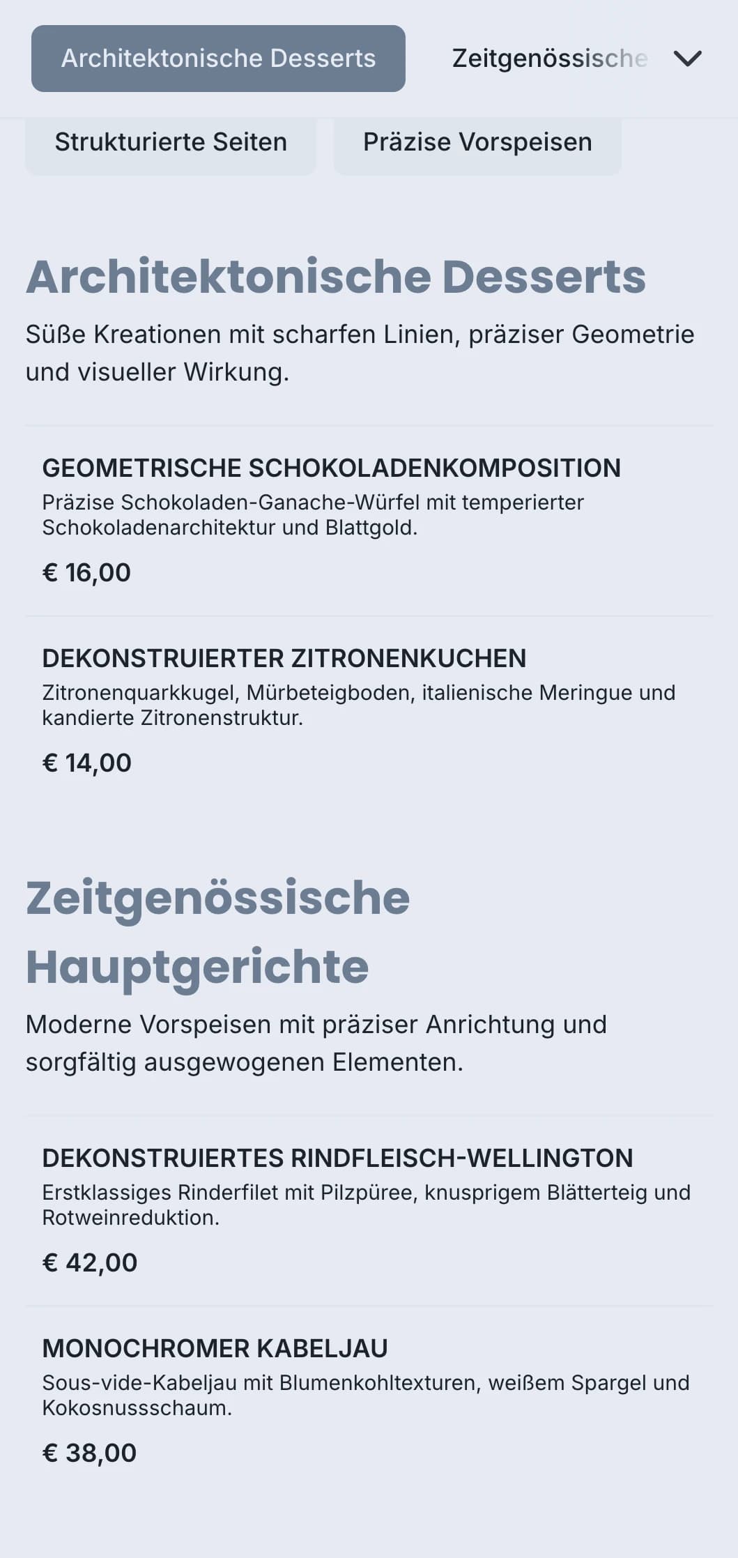 Sauberes, strukturiertes Catering-Design mit geometrischen Platten, präzisen Portionen und monochromen Farbschemata für moderne Veranstaltungen.