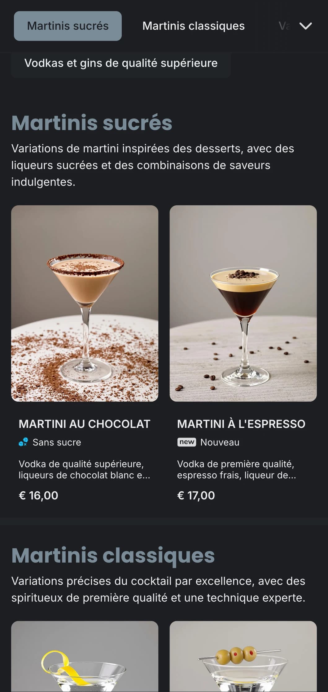Un menu urbain et sophistiqué pour les bars à martini et les lounges, avec une typographie élégante et des tons gris froids.