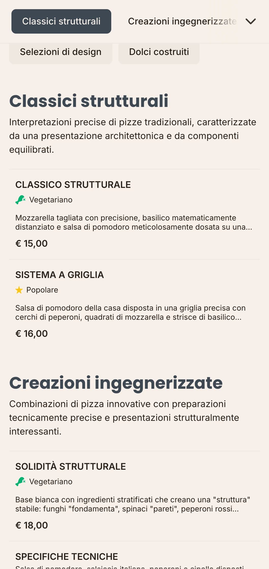 Menu pizza di ispirazione architettonica con layout precisi ed estetica tecnica.