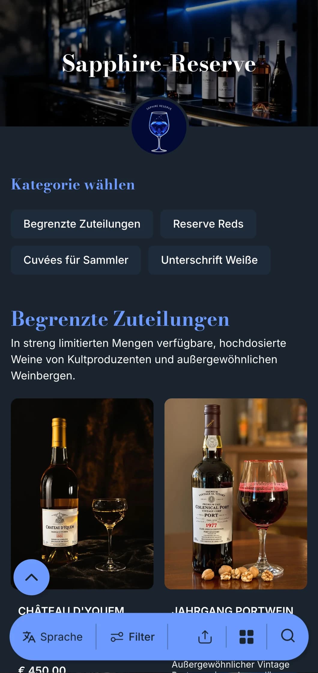 Ausgefeilte Weinkartenvorlage mit auffälligen blauen Akzenten vor marineblauem Hintergrund, ideal für erstklassige Weinbars und Abendlokale.