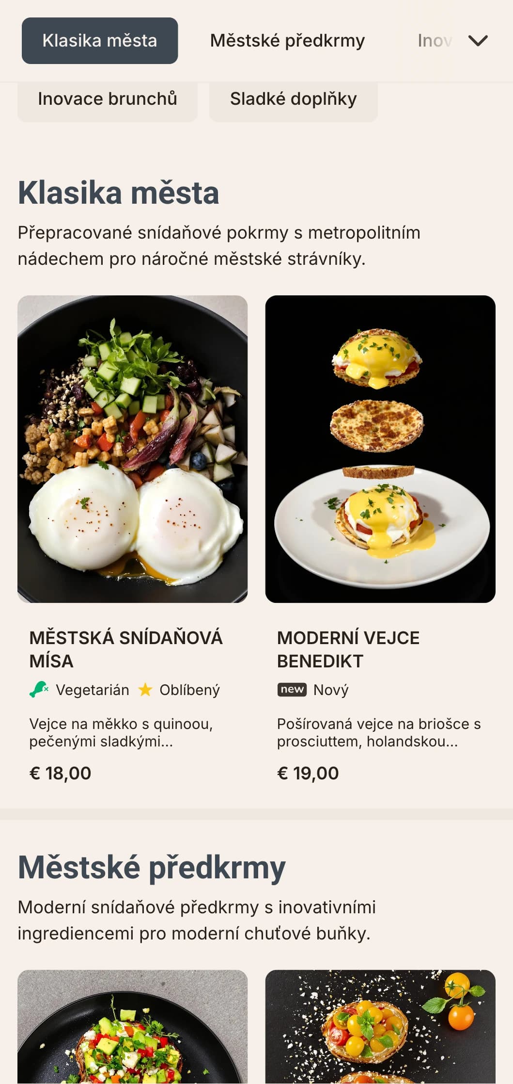 Elegantní a moderní snídaně pro moderní městské obyvatele s minimalistickou prezentací a inovativními kombinacemi chutí.