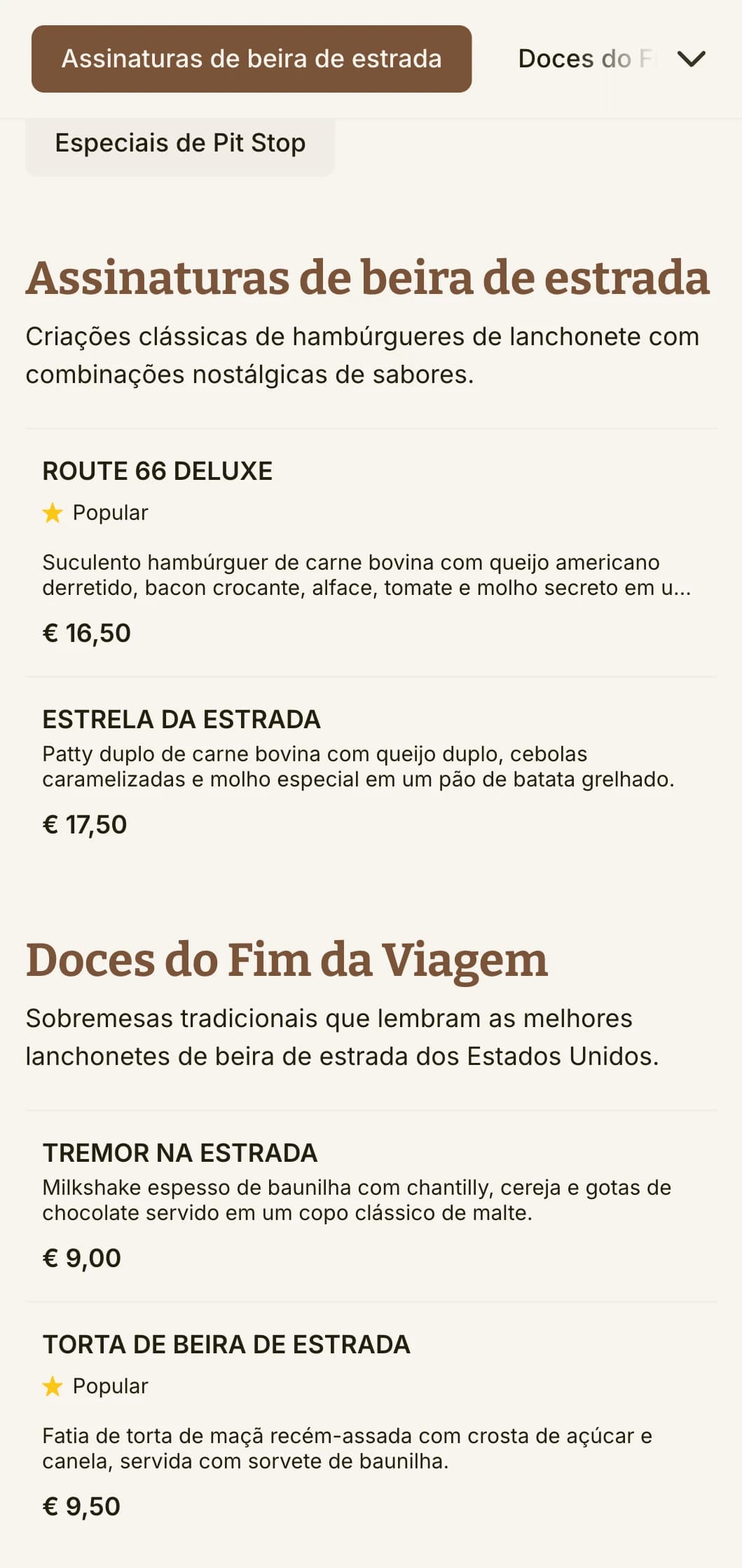 Hamburgueria inspirada em rodovias, com placas de sinalização vintage e nostalgia clássica de viagens americanas.