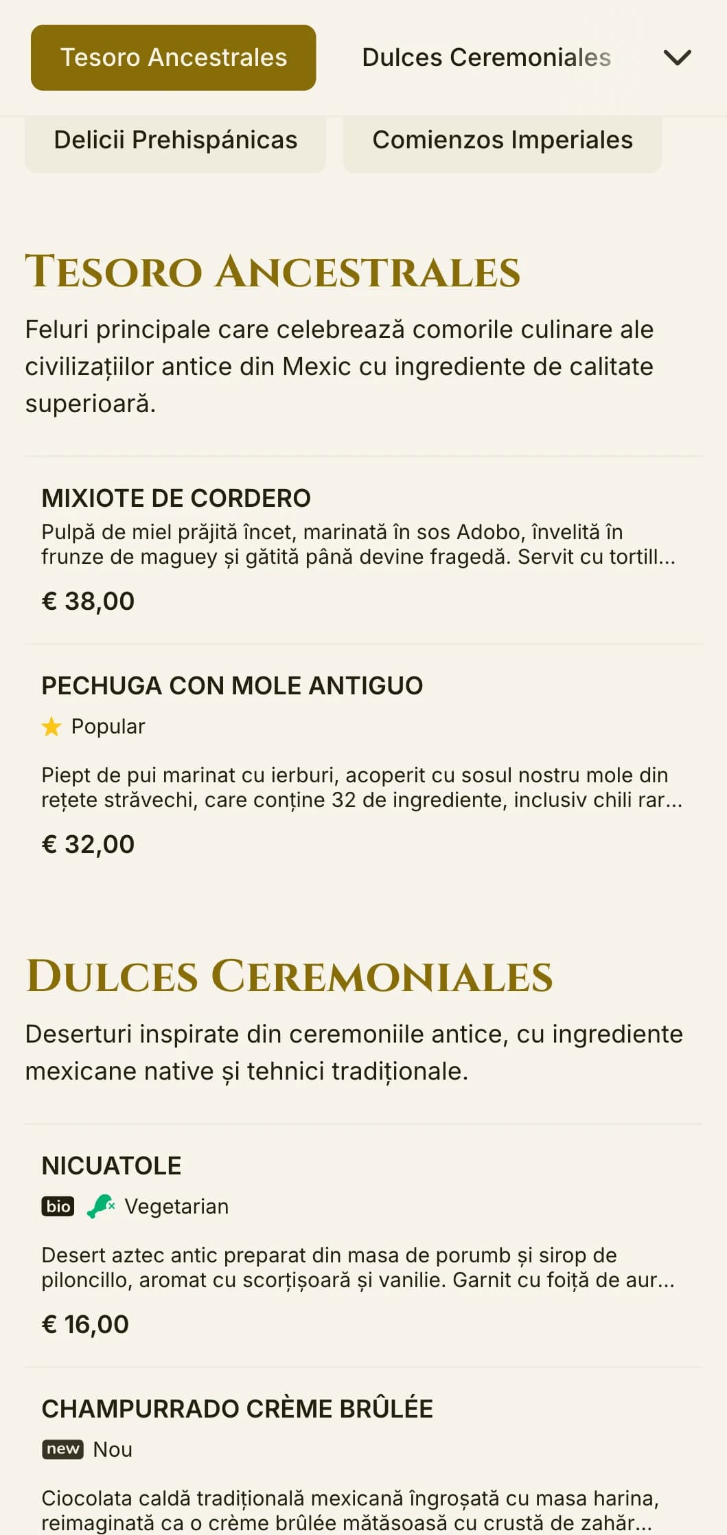 Meniu elegant inspirat din cultura aztecă antică, cu accente aurii luxoase, simbolism istoric și mâncăruri tradiționale de calitate superioară pe pergament de fildeș.