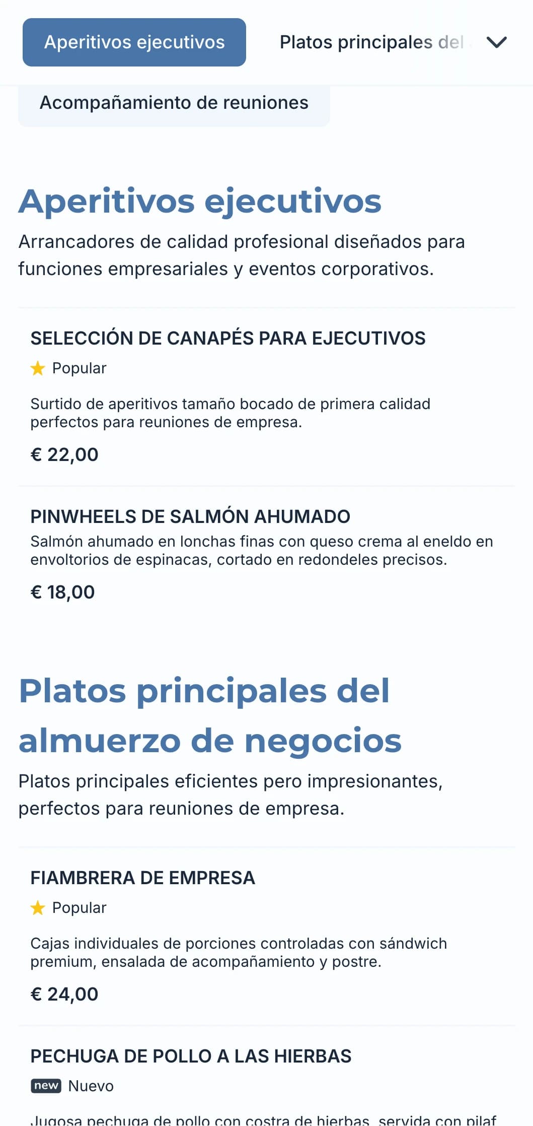 Servicio de catering profesional diseñado para reuniones de negocios y eventos corporativos, centrado en un servicio eficaz y una presentación de calidad.