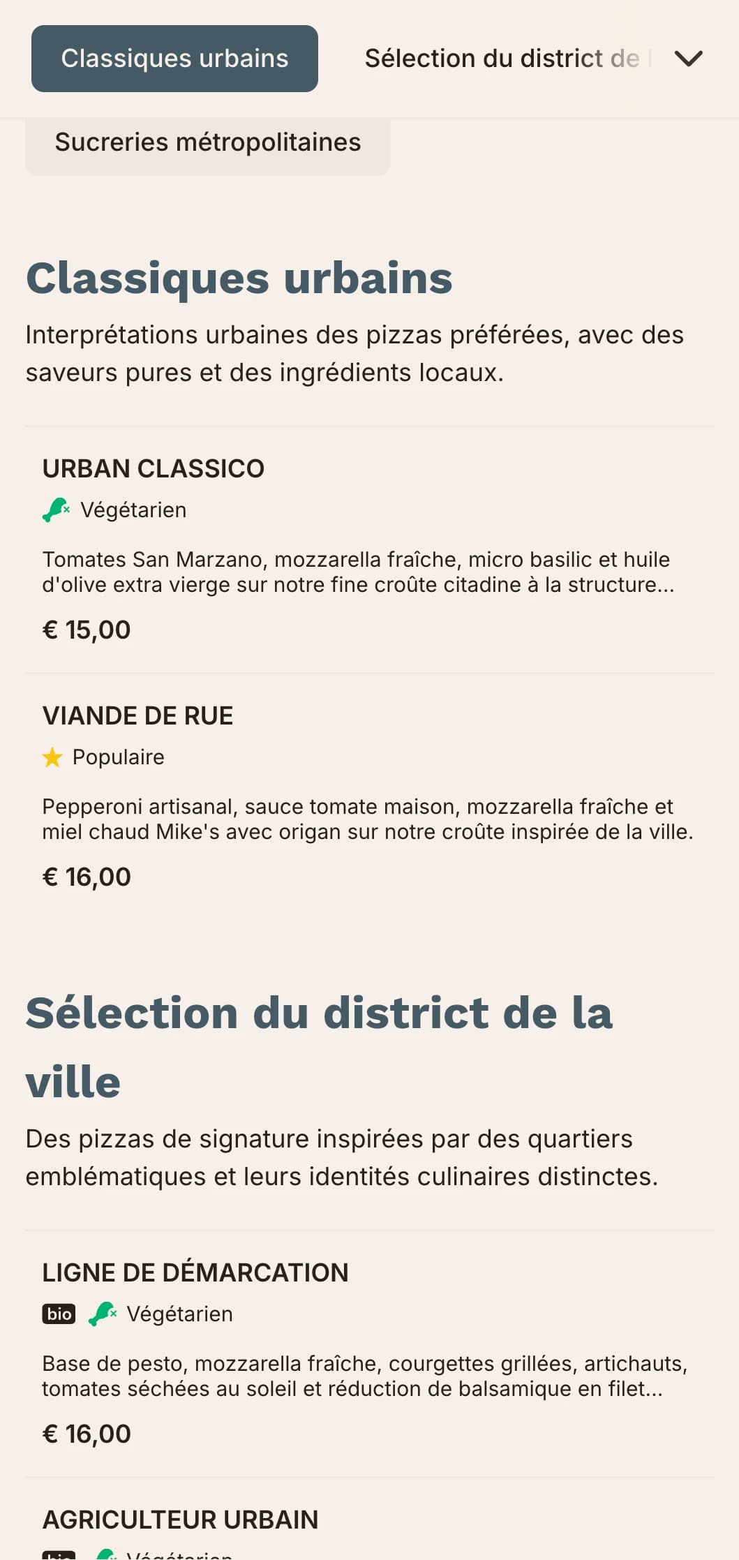 Carte de pizzas urbaines et métropolitaines aux lignes épurées et au design contemporain pour les lieux urbains.