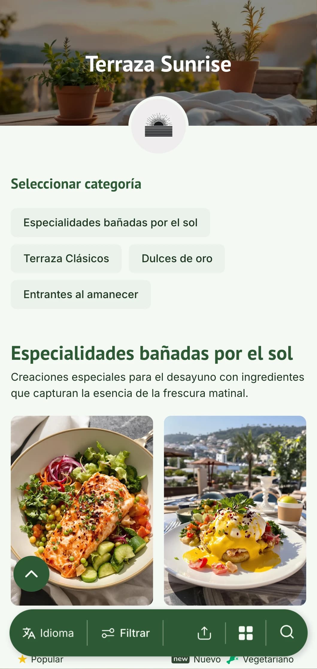 Luminoso y refrescante menú de desayuno diseñado para desayunar al aire libre con ingredientes frescos de temporada.