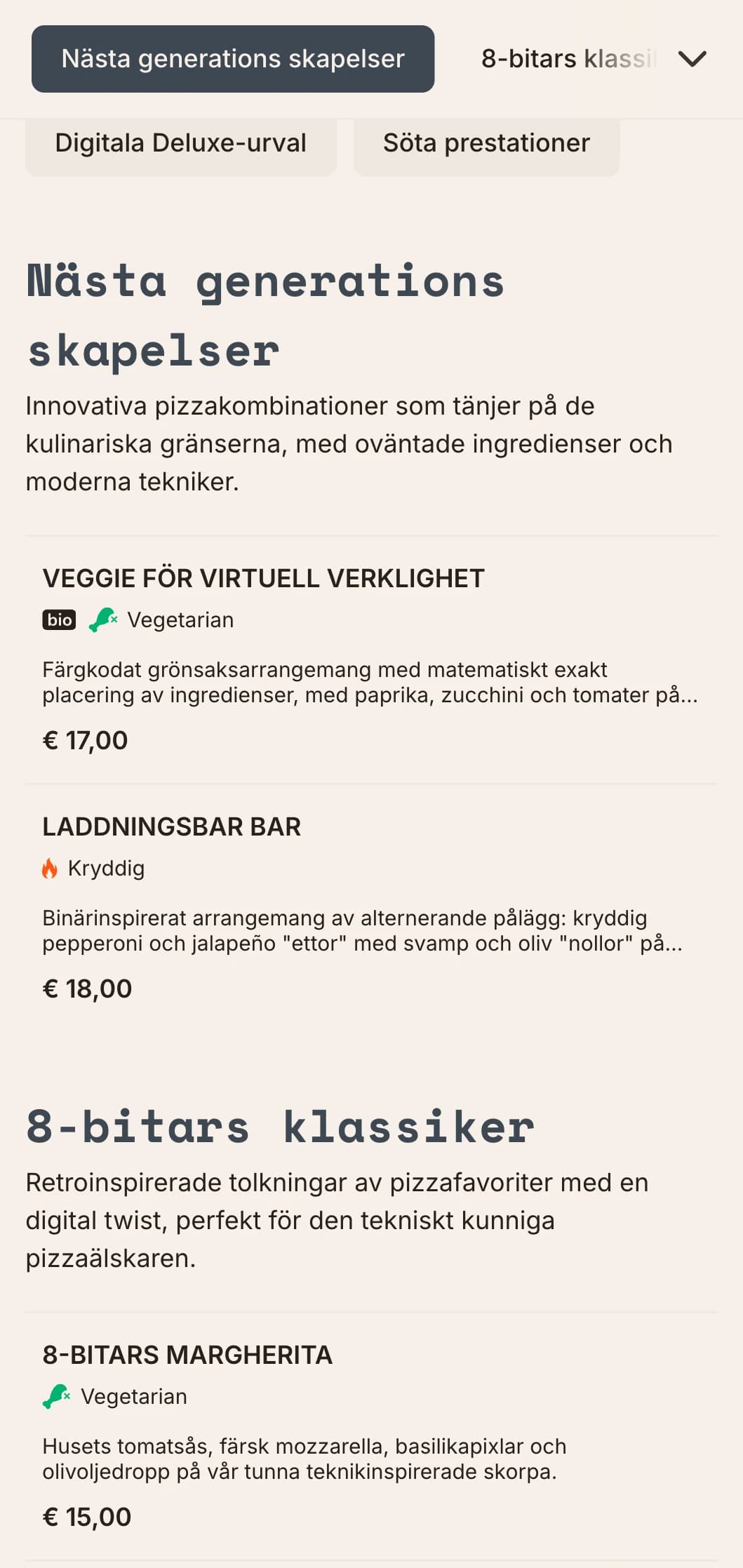Teknikinspirerad modern pizzameny med digital estetik för innovativa pizzakoncept.