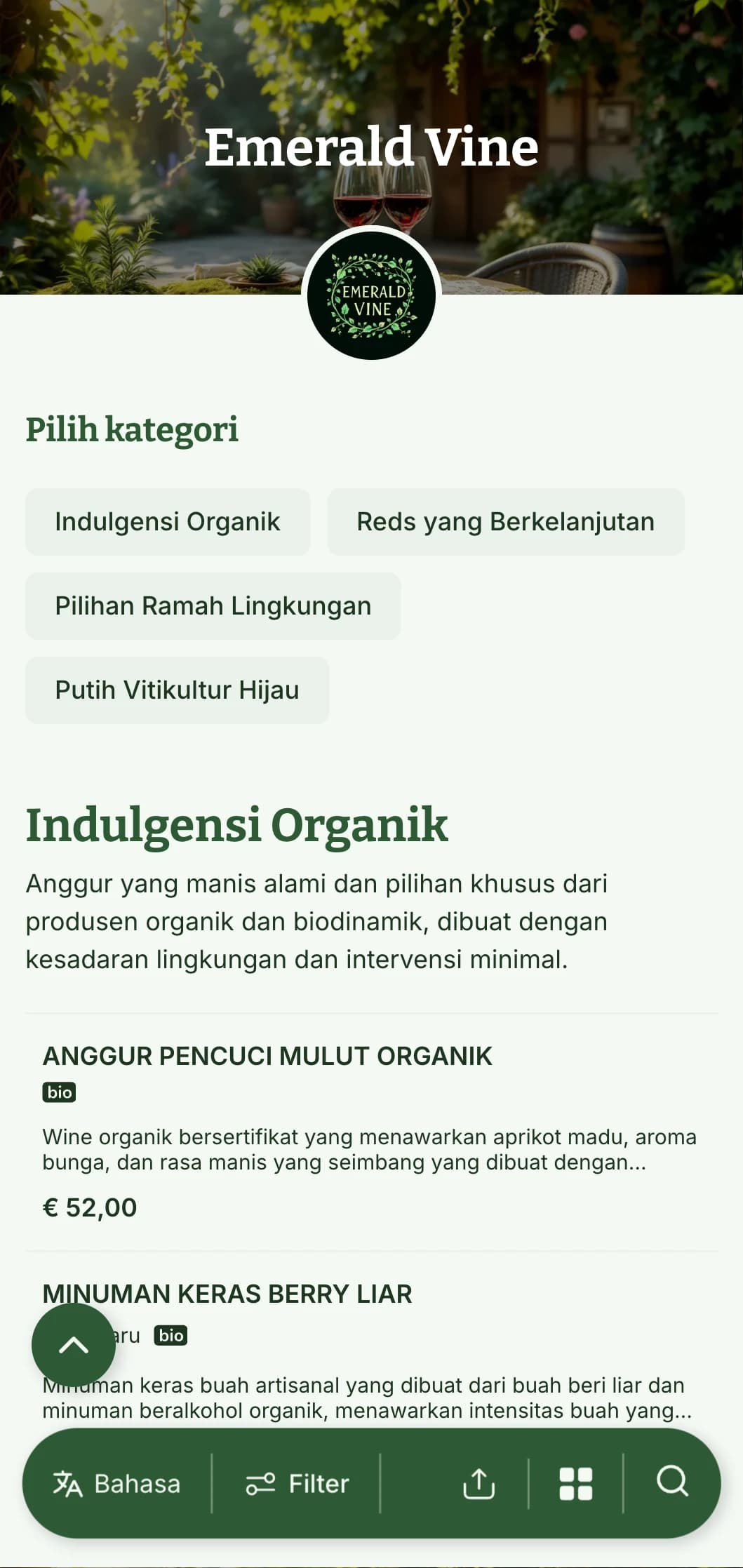 Templat daftar anggur bertema hijau yang rimbun dengan elemen botani dan tekstur alami, cocok untuk pilihan anggur organik dan restoran taman.