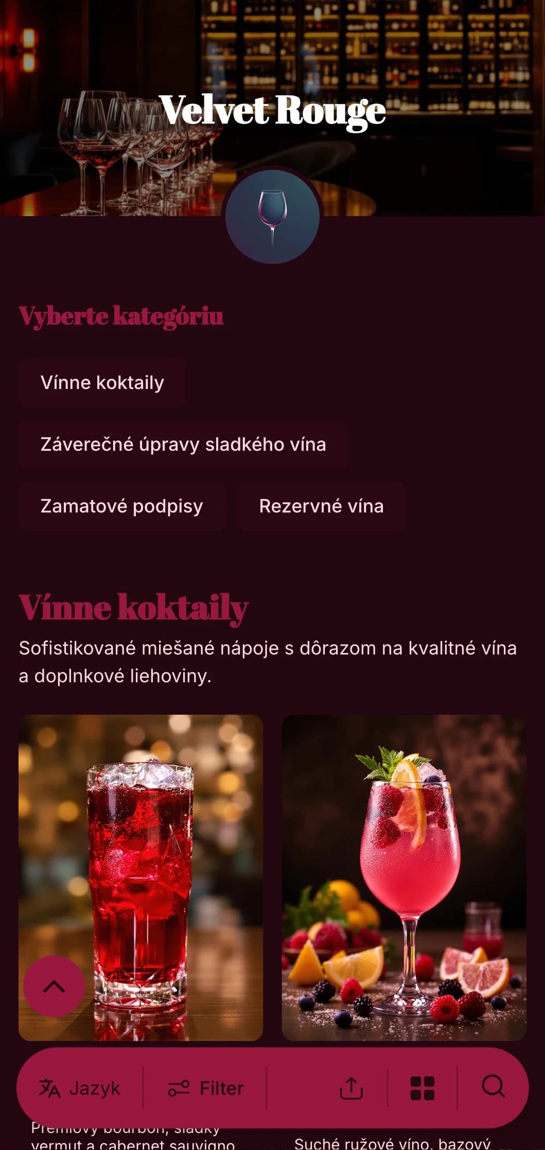 Luxusný, dramatický dizajn pre luxusné vinárne a salóniky s bohatými červenými tónmi a výraznou typografiou.