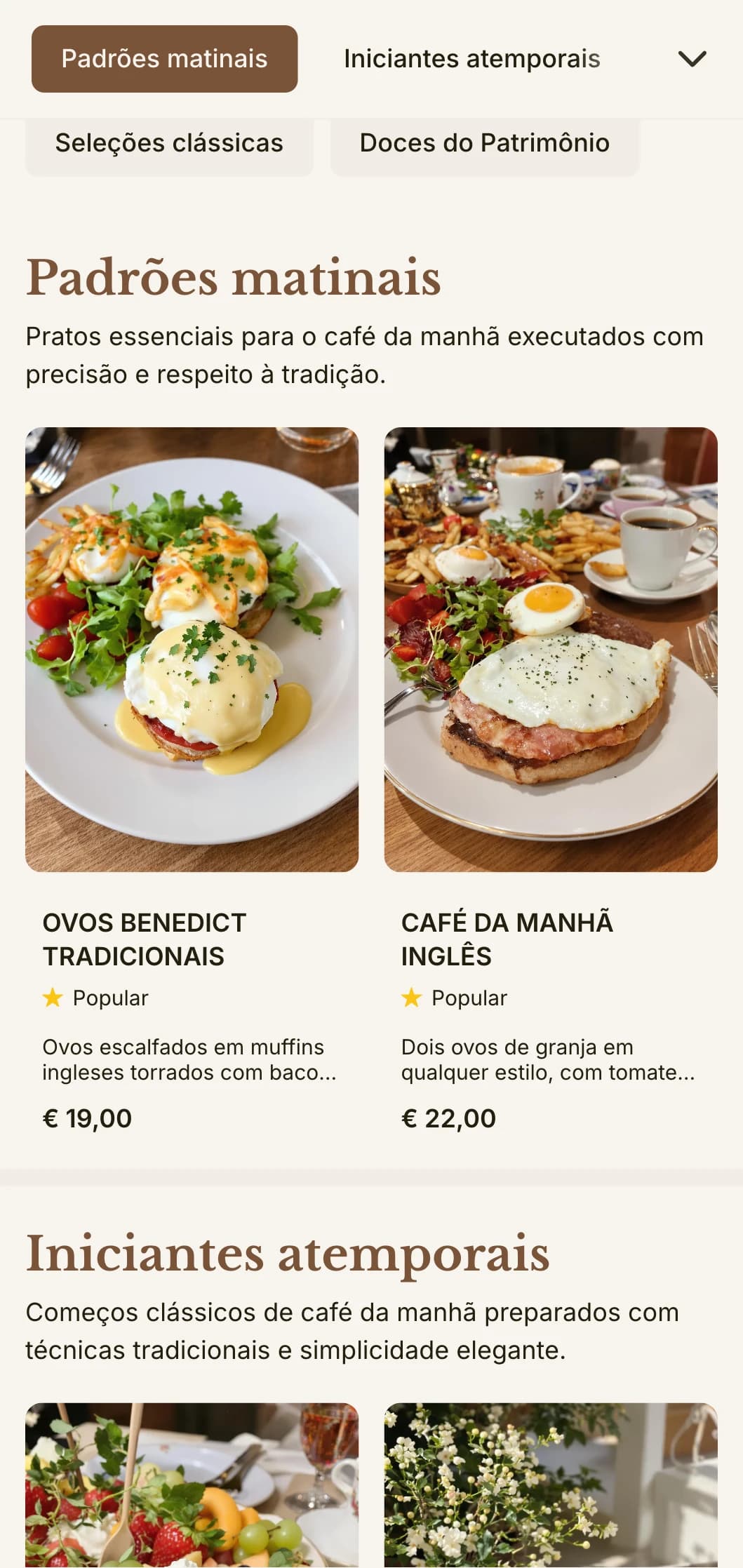 Os favoritos do café da manhã atemporal preparados com precisão e cuidado, apresentados de maneira elegante e tradicional.