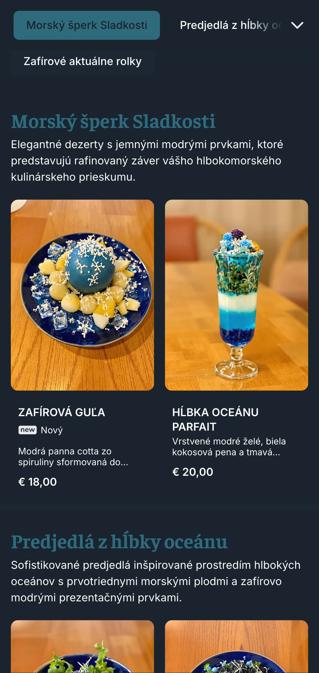 Ponuka sushi inšpirovaná hlbokým modrým oceánom s bohatými zafírovými tónmi pre prémiové reštaurácie s morskými plodmi.