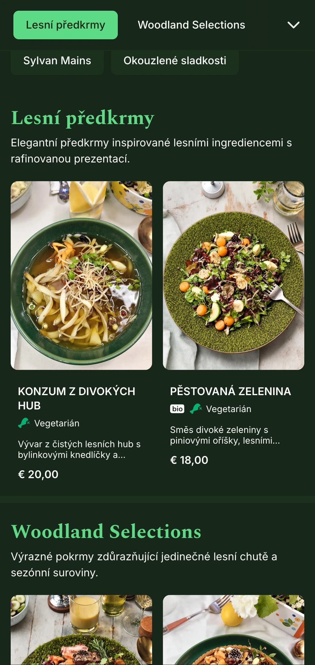 Sofistikované menu k večeři inspirované hlubokými lesními tóny a přírodními texturami, ideální pro kuchyni inspirovanou lesem.