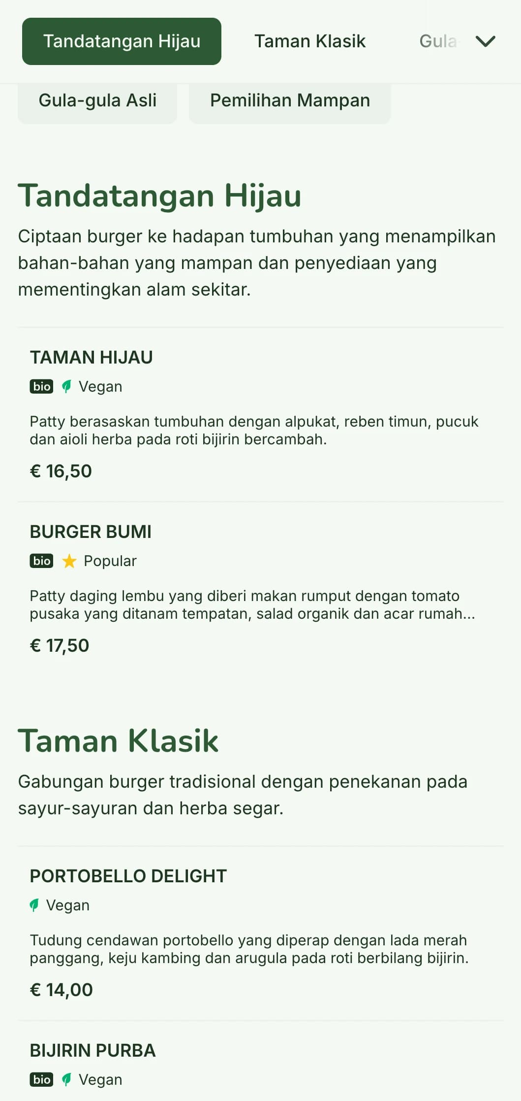 Menu burger mementingkan alam sekitar dengan fokus yang mampan, menampilkan bahan semula jadi dan pilihan berasaskan tumbuhan.