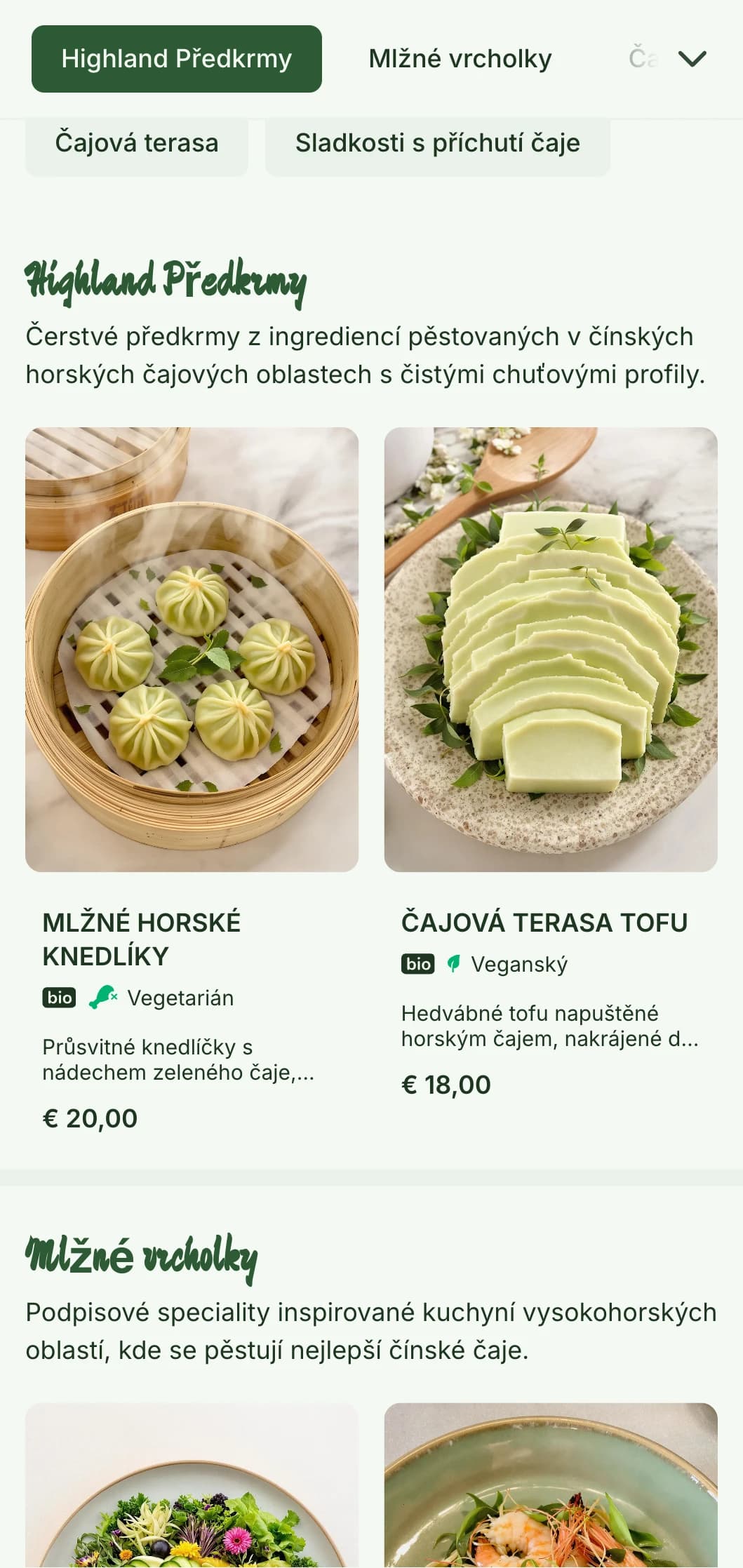 Klidný čínský design jídelního lístku inspirovaný horskými čajovými plantážemi se svěžími prvky pro čajovou kuchyni.