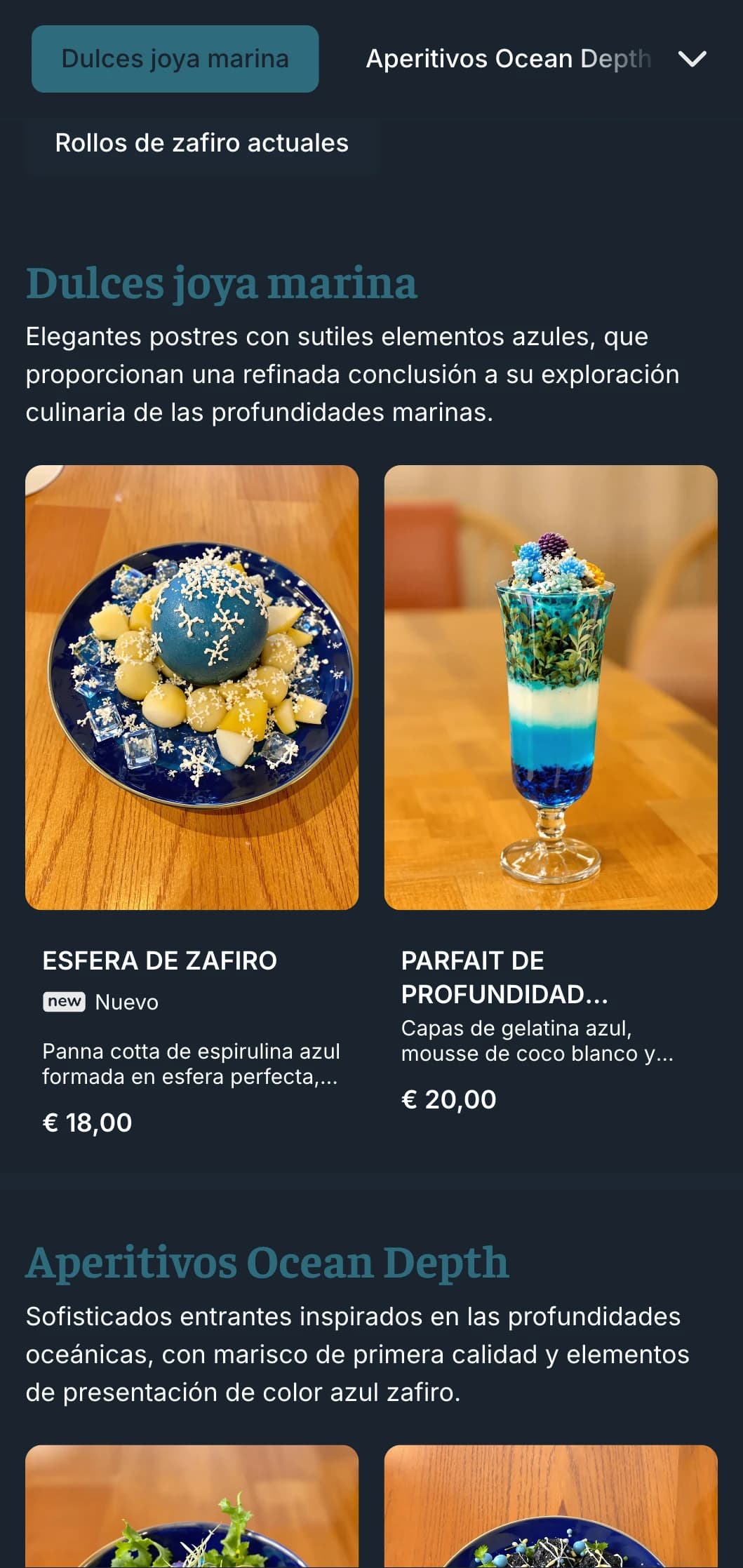 Menú de sushi inspirado en el océano azul con ricos tonos zafiro para marisquerías de primera calidad.