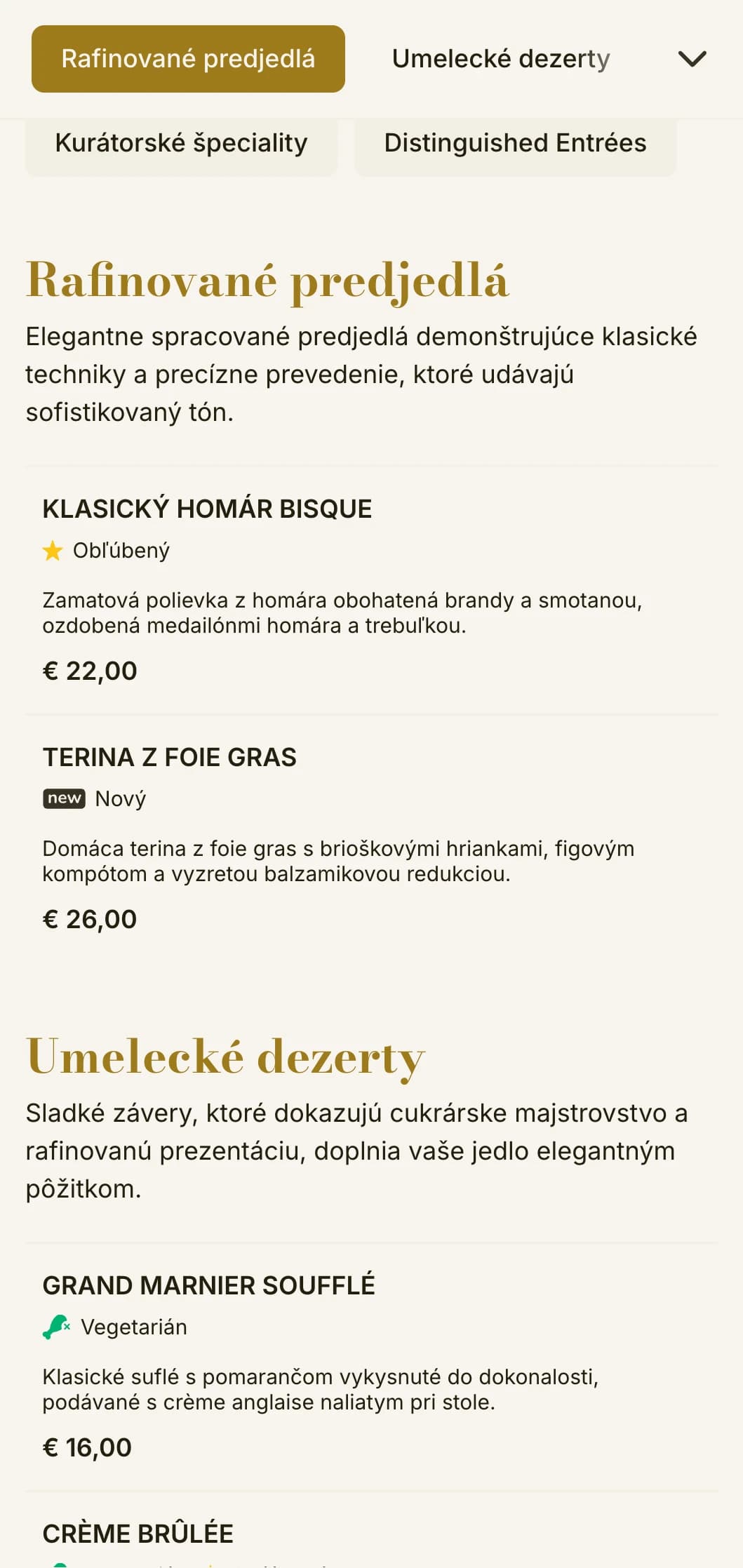 Rafinovaný, sofistikovaný dizajn obedového menu s jemnou typografiou a klasickými proporciami, vhodný pre luxusné reštaurácie a zariadenia s kvalitným stravovaním, ktoré ponúkajú obedové menu.