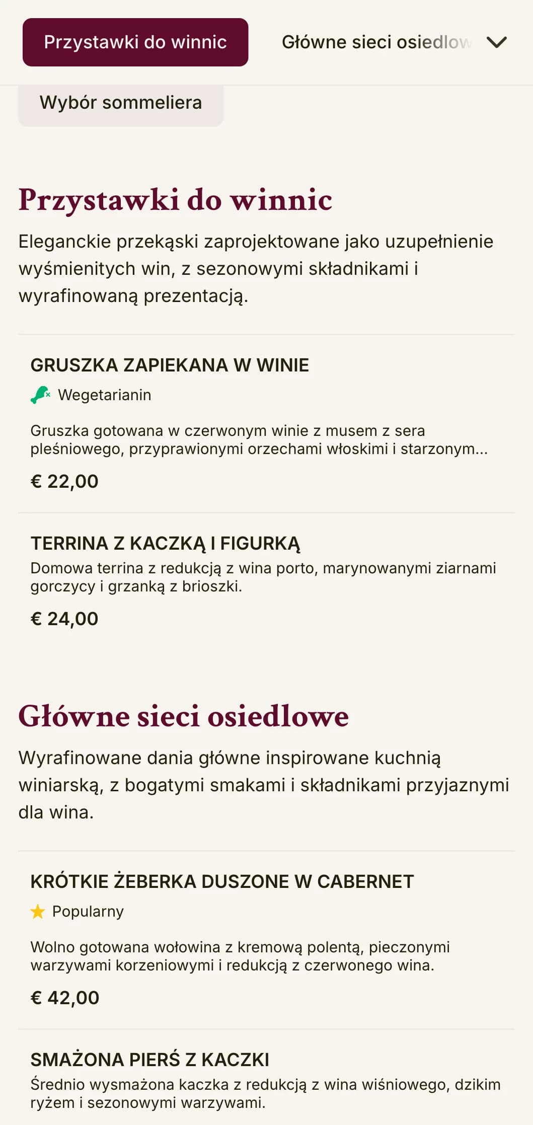 Wyrafinowane menu obiadowe z kolorami inspirowanymi winem i elegancką typografią, przeznaczone dla lokali z bogatym programem win.