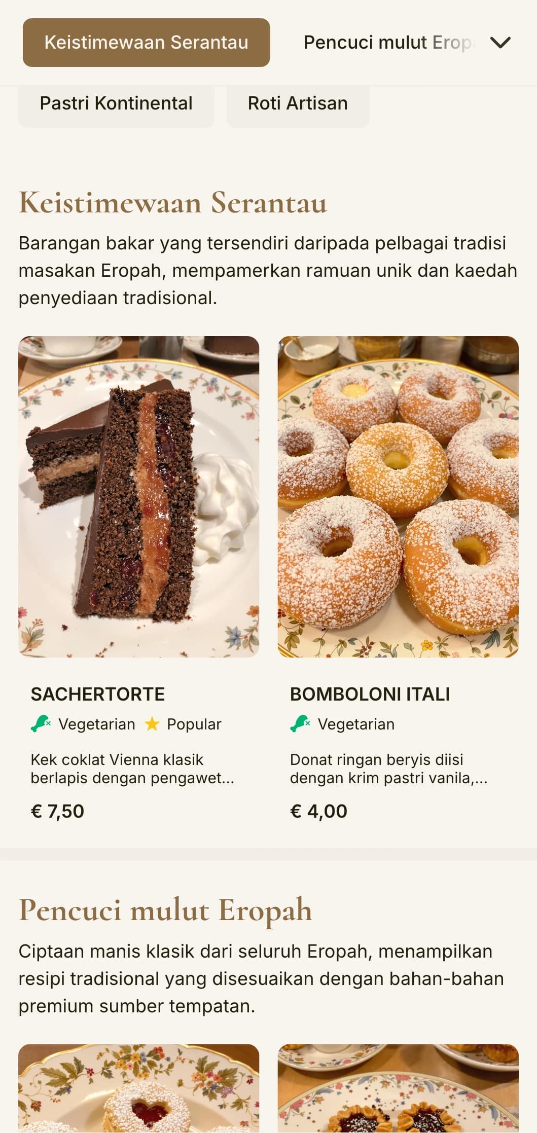 Reka bentuk menu kedai roti kontinental yang canggih dengan rona coklat hangat dan tipografi yang elegan, sesuai untuk kedai roti dan patisseri gaya Eropah.