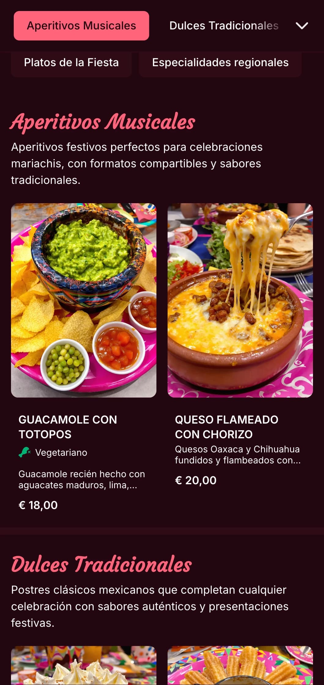 Menú mexicano alegre y musical con acentos rosa brillante, imágenes de mariachis y platos festivos perfectos para celebraciones y fiestas.