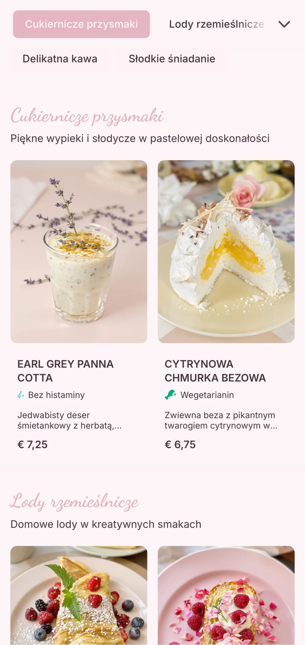 Słodki pastelowy projekt z zabawnymi elementami dla kawiarni deserowych i lodziarni.