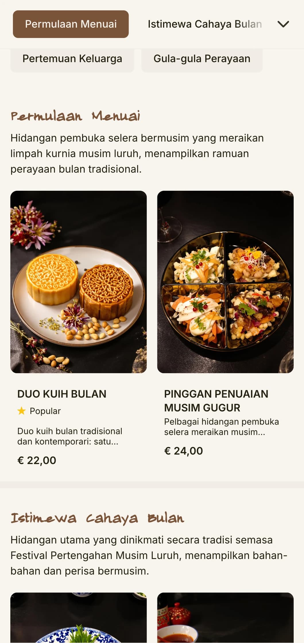 Reka bentuk menu Cina yang elegan yang diilhamkan oleh Festival Pertengahan Musim Luruh, menampilkan motif kuih bulan dan corak tradisional untuk hidangan istimewa bermusim.