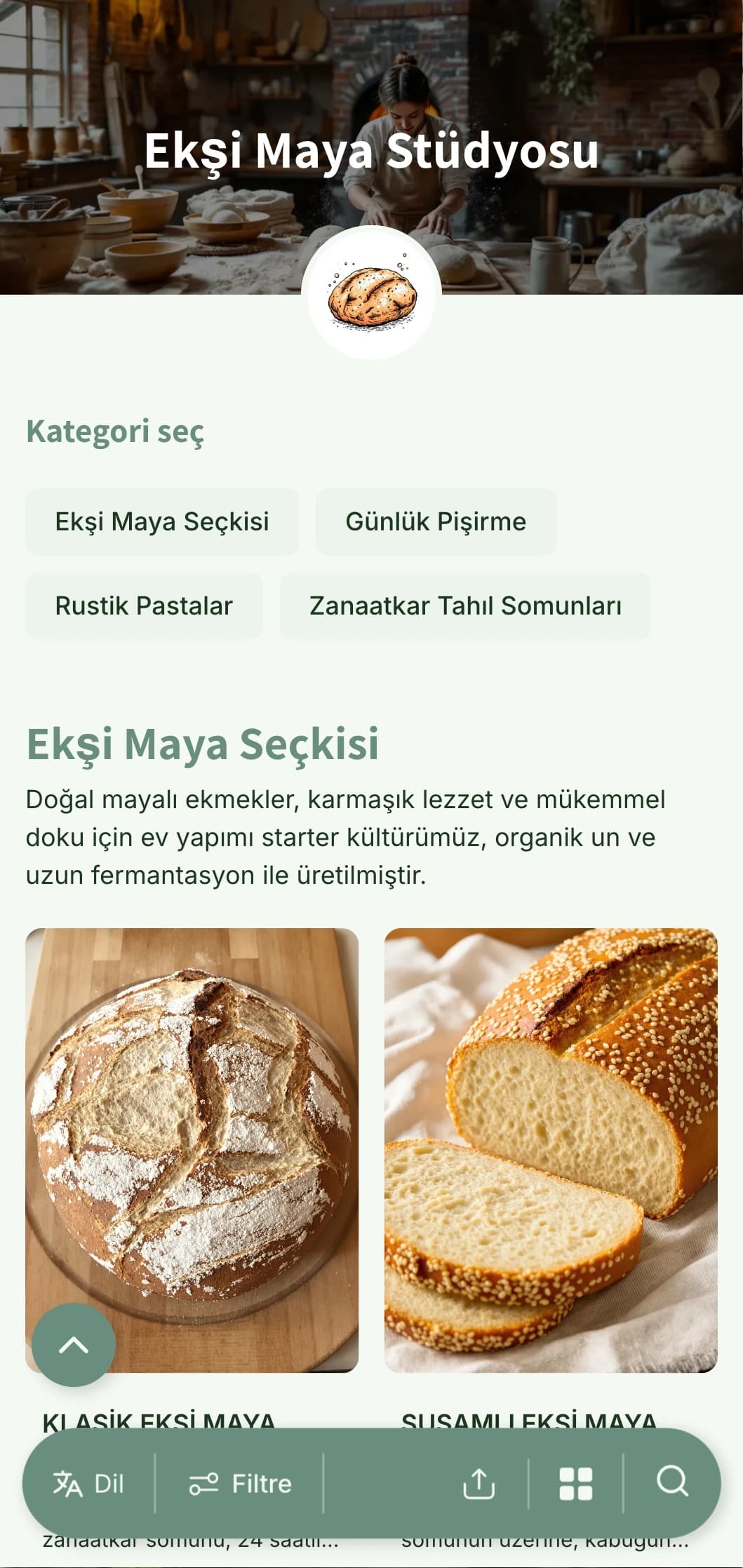 Ekşi maya uzmanları ve el yapımı fırınlar için mükemmel olan, toprak yeşili tonları ve zanaatkar tipografi içeren rustik ama rafine bir fırın menüsü tasarımı.