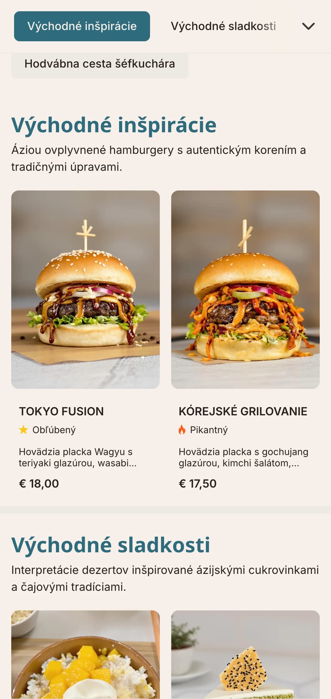 Fúzia hamburgerov Východ - Západ s ázijskými chuťami a modernou prezentáciou.