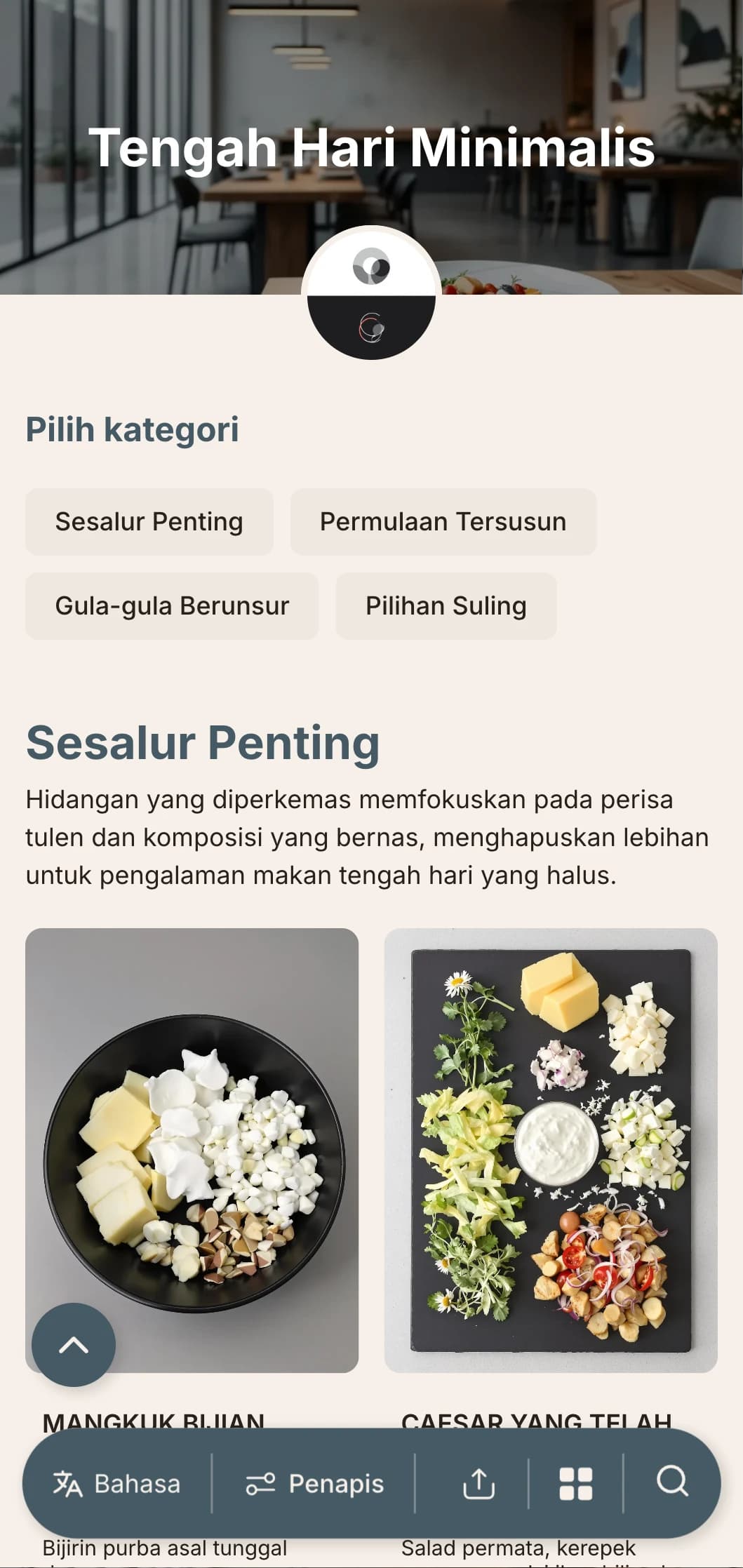Reka bentuk menu makan tengah hari yang sangat bersih dan minimalis dengan ruang putih yang luas dan tipografi yang tepat, sesuai untuk restoran bandar kontemporari dengan pendekatan reka bentuk ke hadapan.