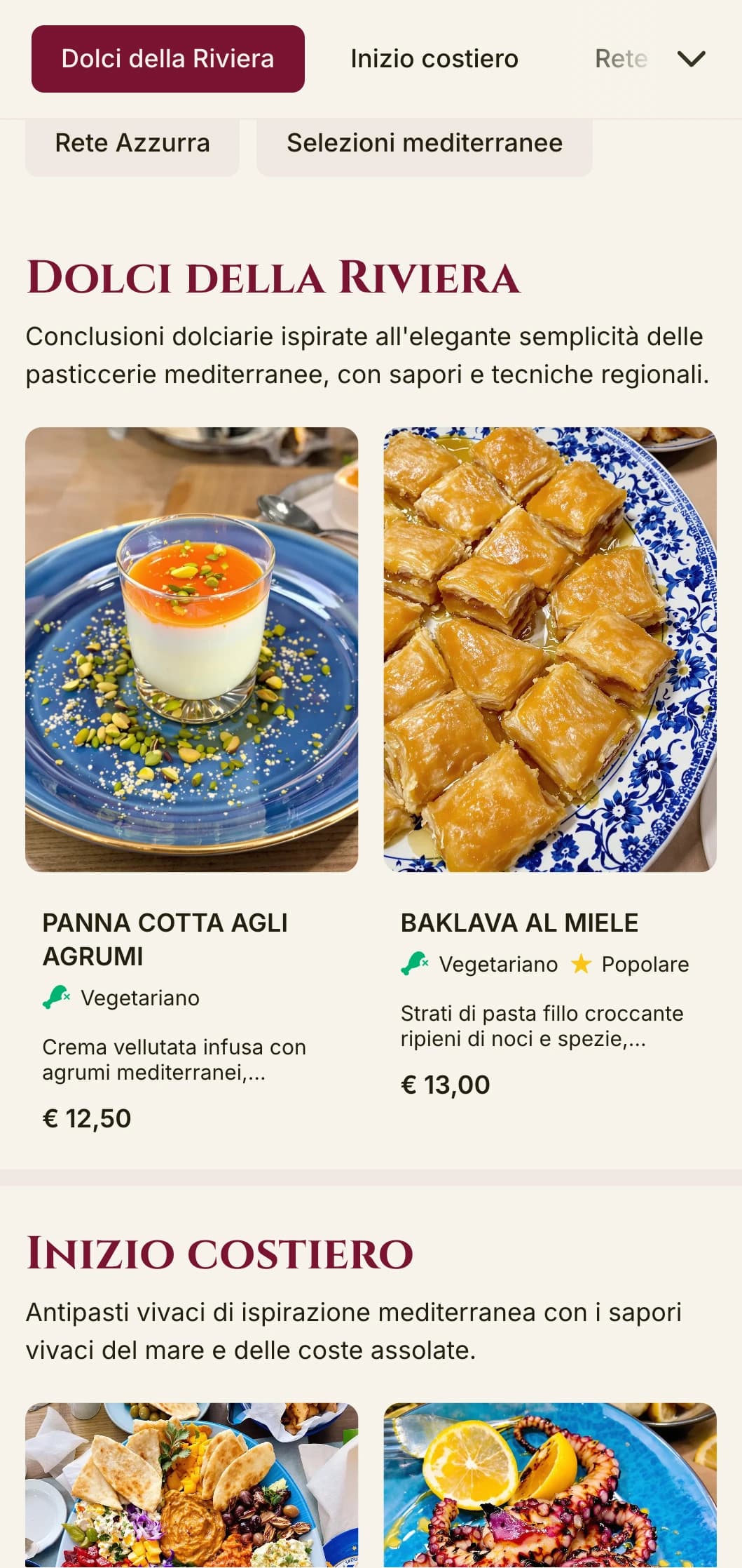Un menu per il pranzo di ispirazione mediterranea, con accenti vivaci e un layout elegante, perfetto per i ristoranti di lusso in riva al mare e per i luoghi di villeggiatura.