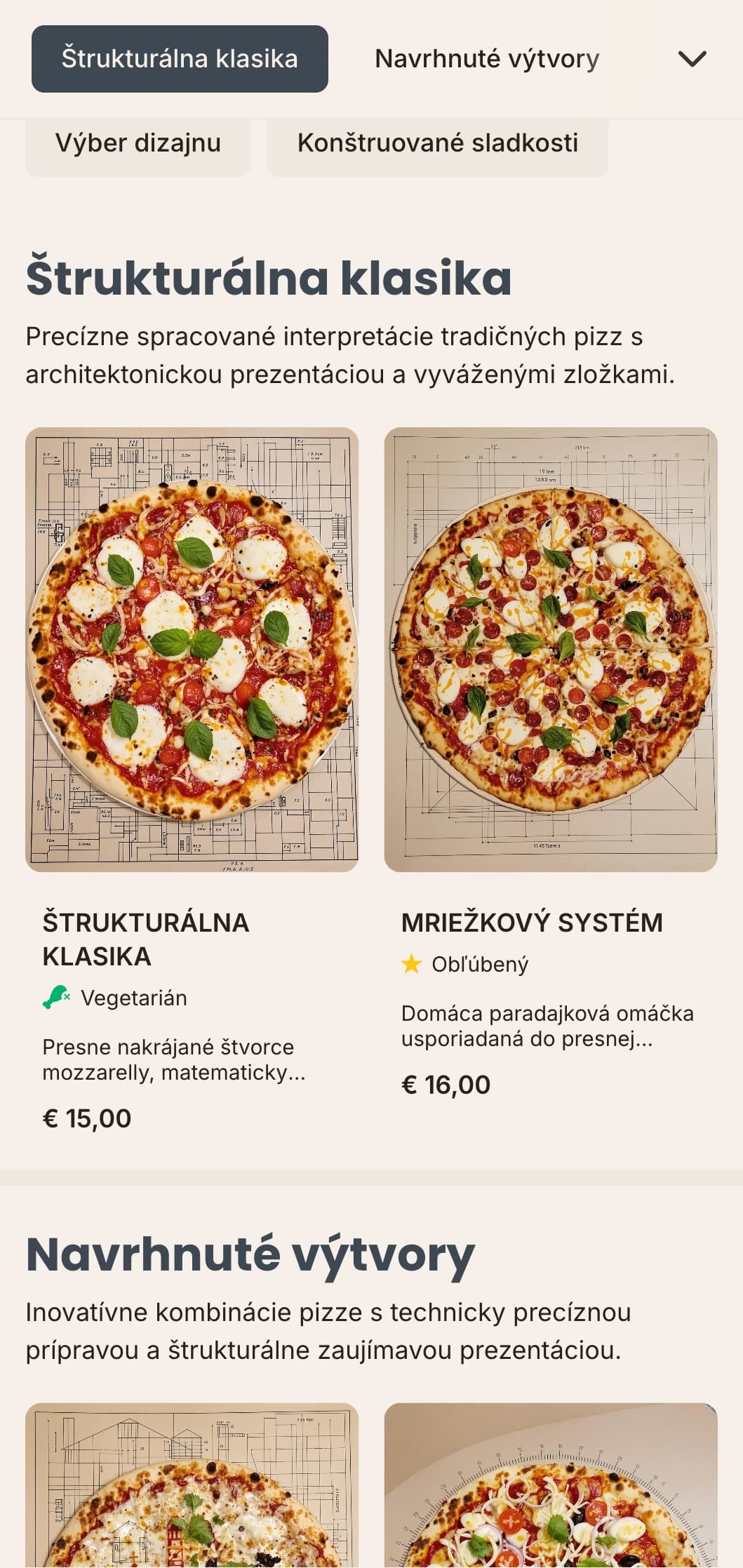 Architektonicky inšpirované menu pizze s precíznym rozložením a technickou estetikou.