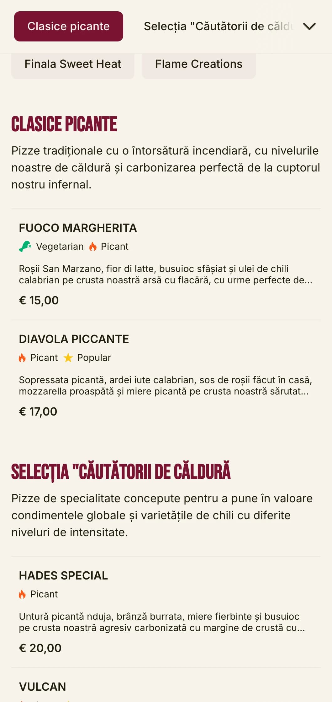 Meniu de pizza energic, cu tipografie îndrăzneață și culori vibrante pentru specialiștii în pizza picantă.