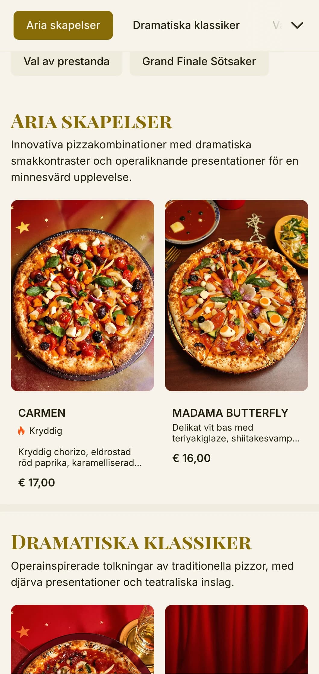 Teatralisk pizzameny inspirerad av italiensk opera med dramatisk visuell hierarki.