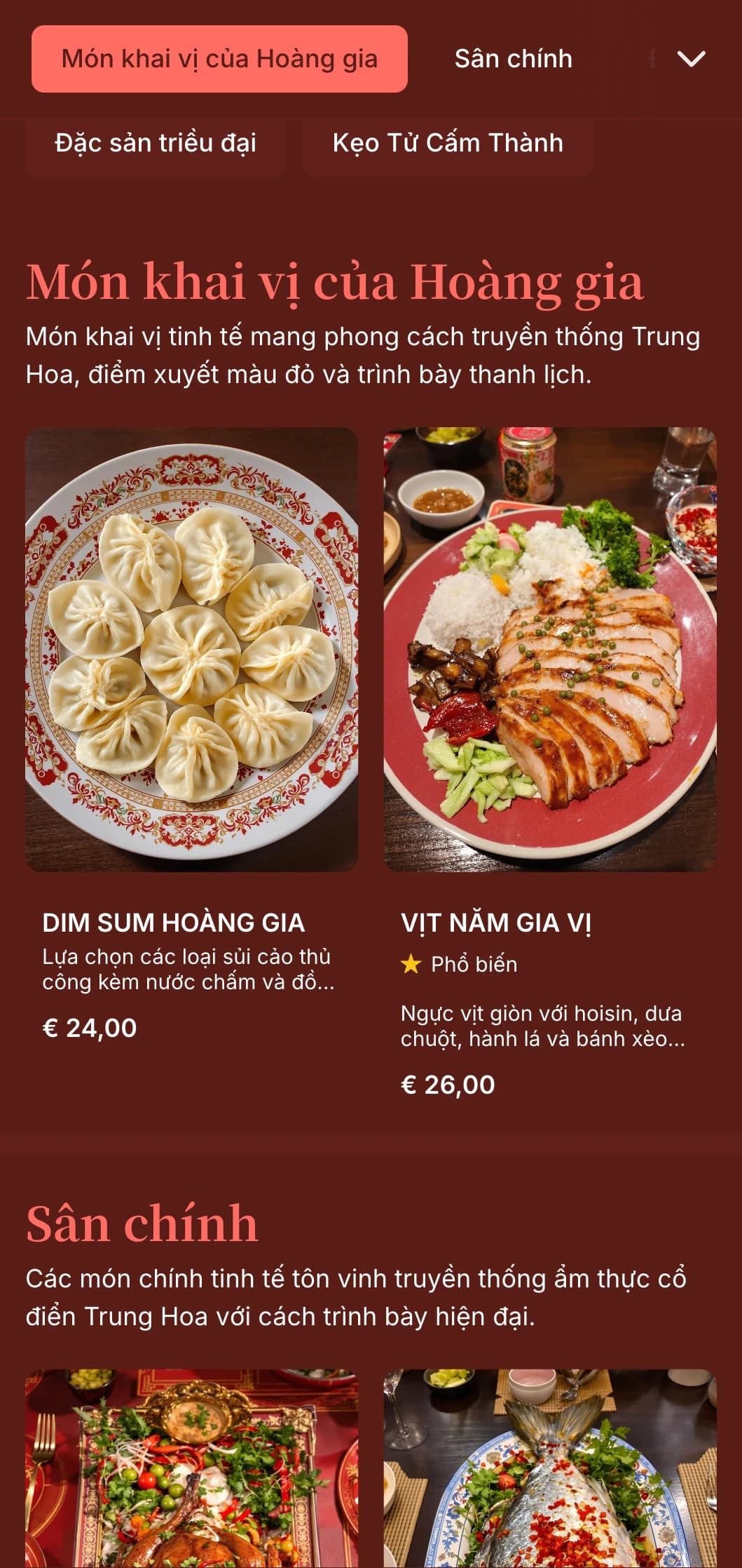 Thực đơn tối thanh lịch mang phong cách Trung Hoa với tông màu đỏ rực rỡ và các yếu tố truyền thống phương Đông, hoàn hảo cho các nhà hàng Trung Hoa cao cấp.