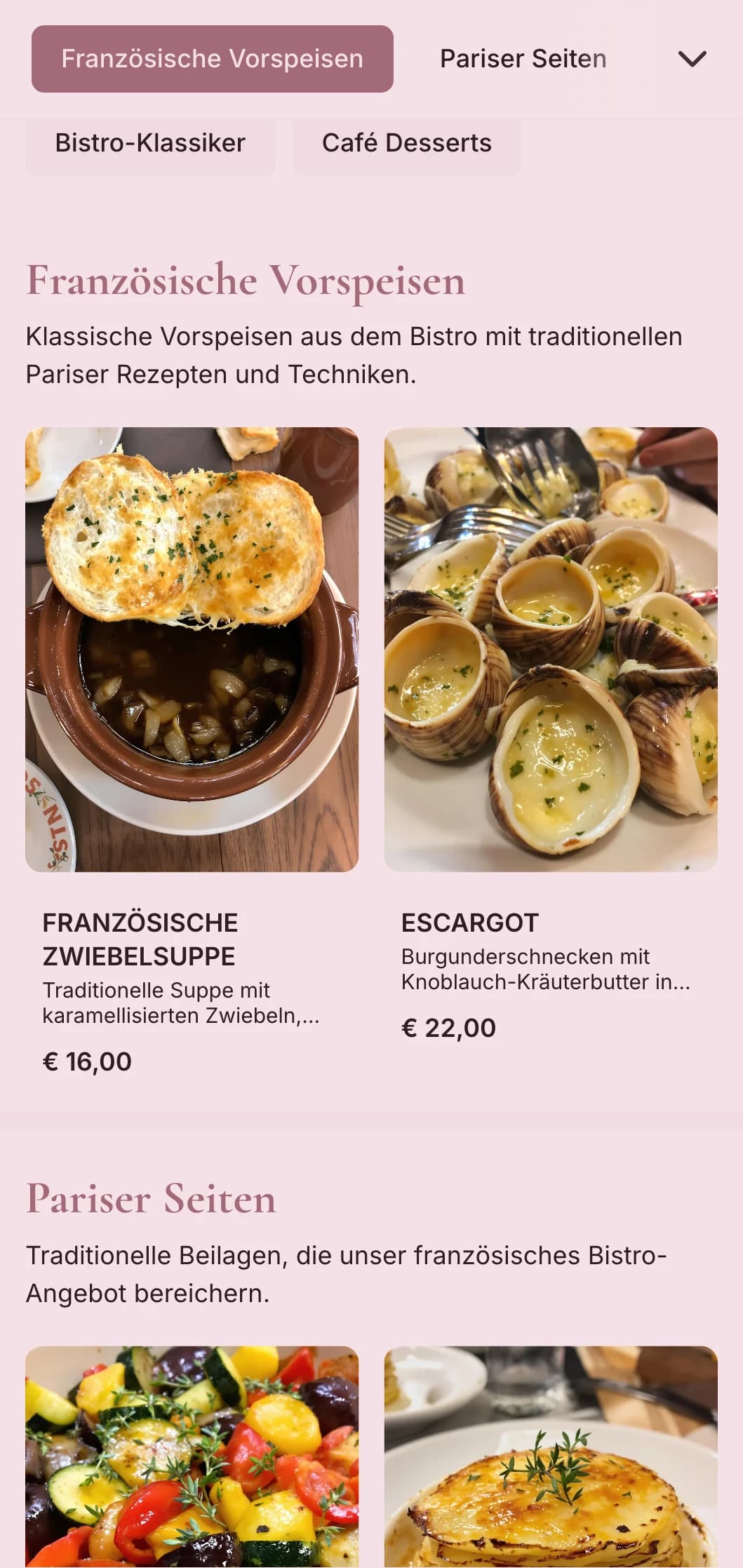 Klassisches, französisch inspiriertes Catering mit Bistro-Favoriten, raffinierten Techniken und eleganter, aber zugänglicher Präsentation für anspruchsvolle Veranstaltungen.