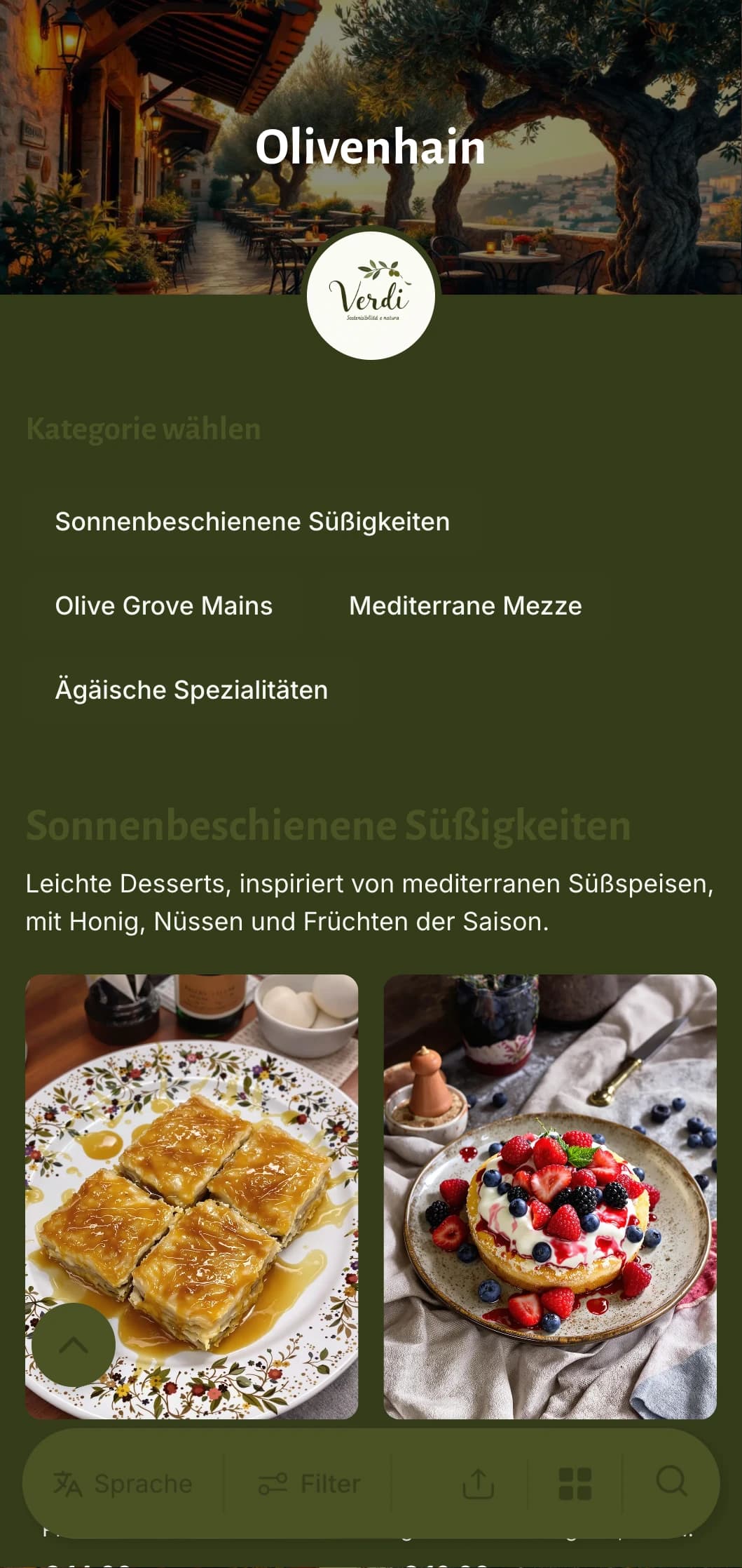 Ein mediterran inspiriertes Abendmenü mit olivgrünen Tönen und rustikalen Elementen, perfekt für die griechische oder mediterrane Küche.
