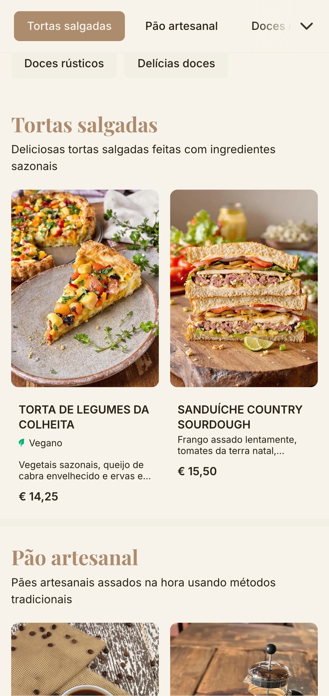 Tons terrosos com tipografia artesanal para cafeterias e confeitarias com foco em panificação.