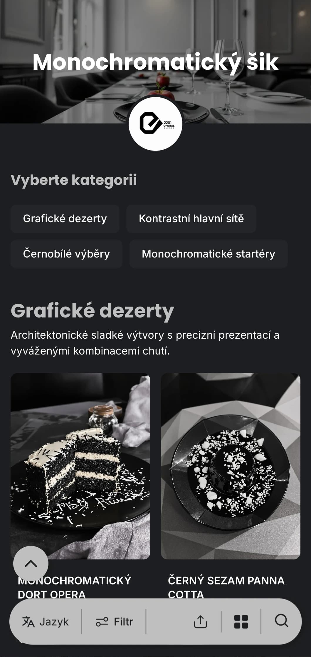 Sofistikovaný černobílý jídelní lístek s výraznou typografií a čistými liniemi, navržený pro moderní fine dining.