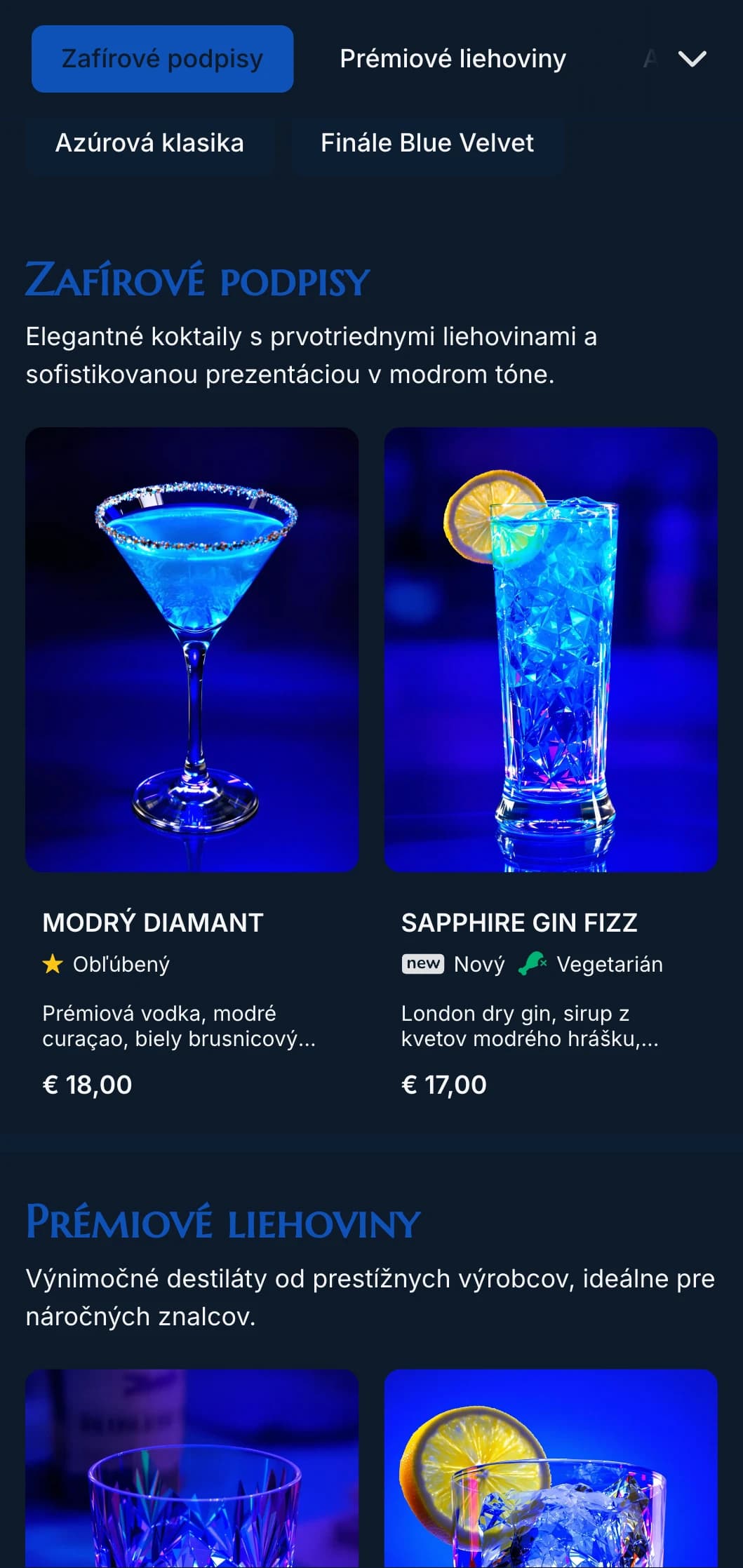Luxusný dizajn inšpirovaný drahokamami pre luxusné koktailové salóniky s tmavomodrými tónmi a elegantnou typografiou.
