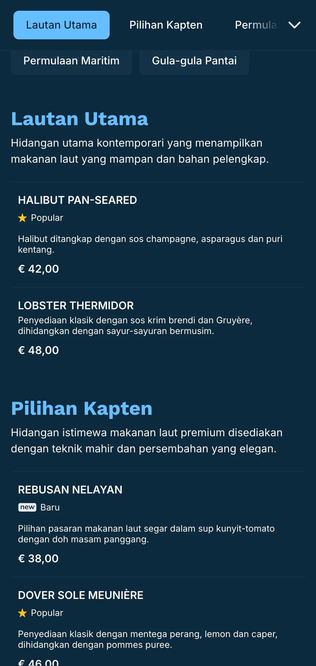 Menu makan malam yang segar dan berwarna biru dengan pengaruh nautika, sesuai untuk restoran makanan laut kelas atas.